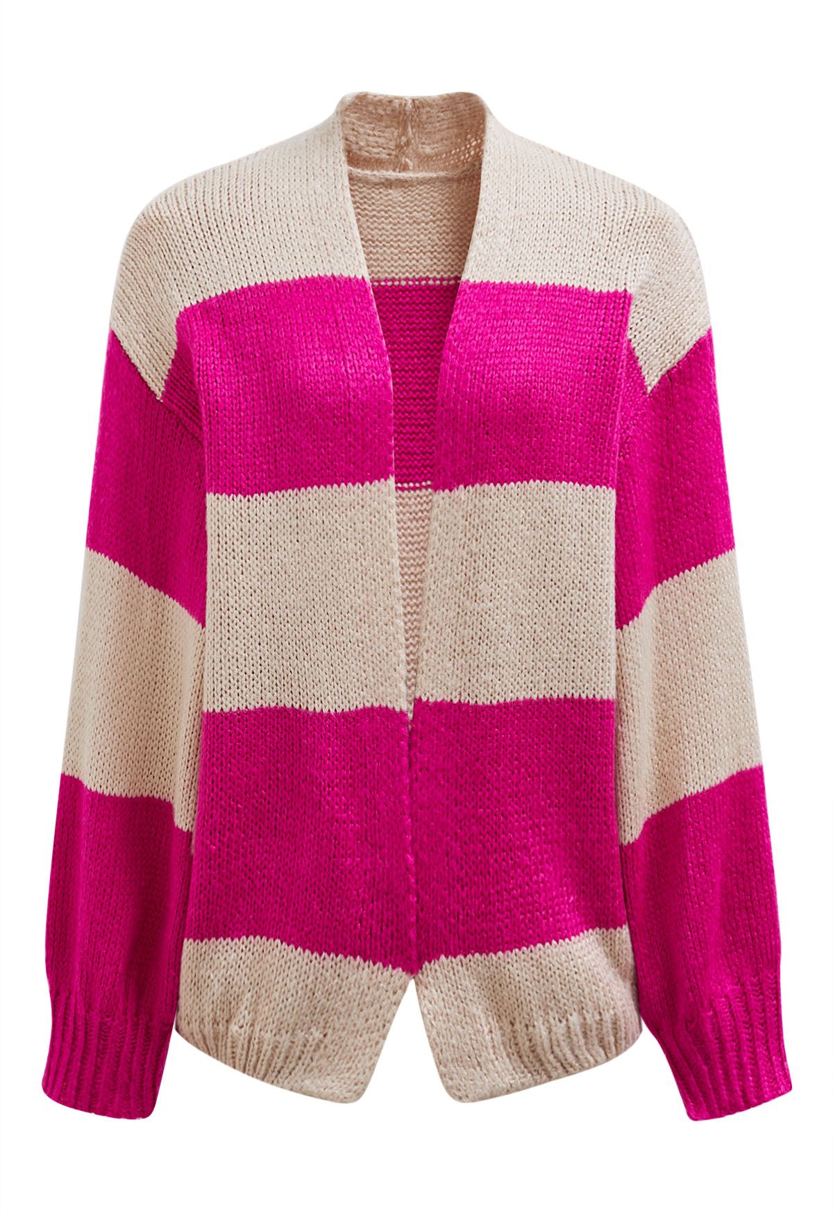 Cardigan en tricot rayé à blocs de couleurs ouvert sur le devant en rose vif