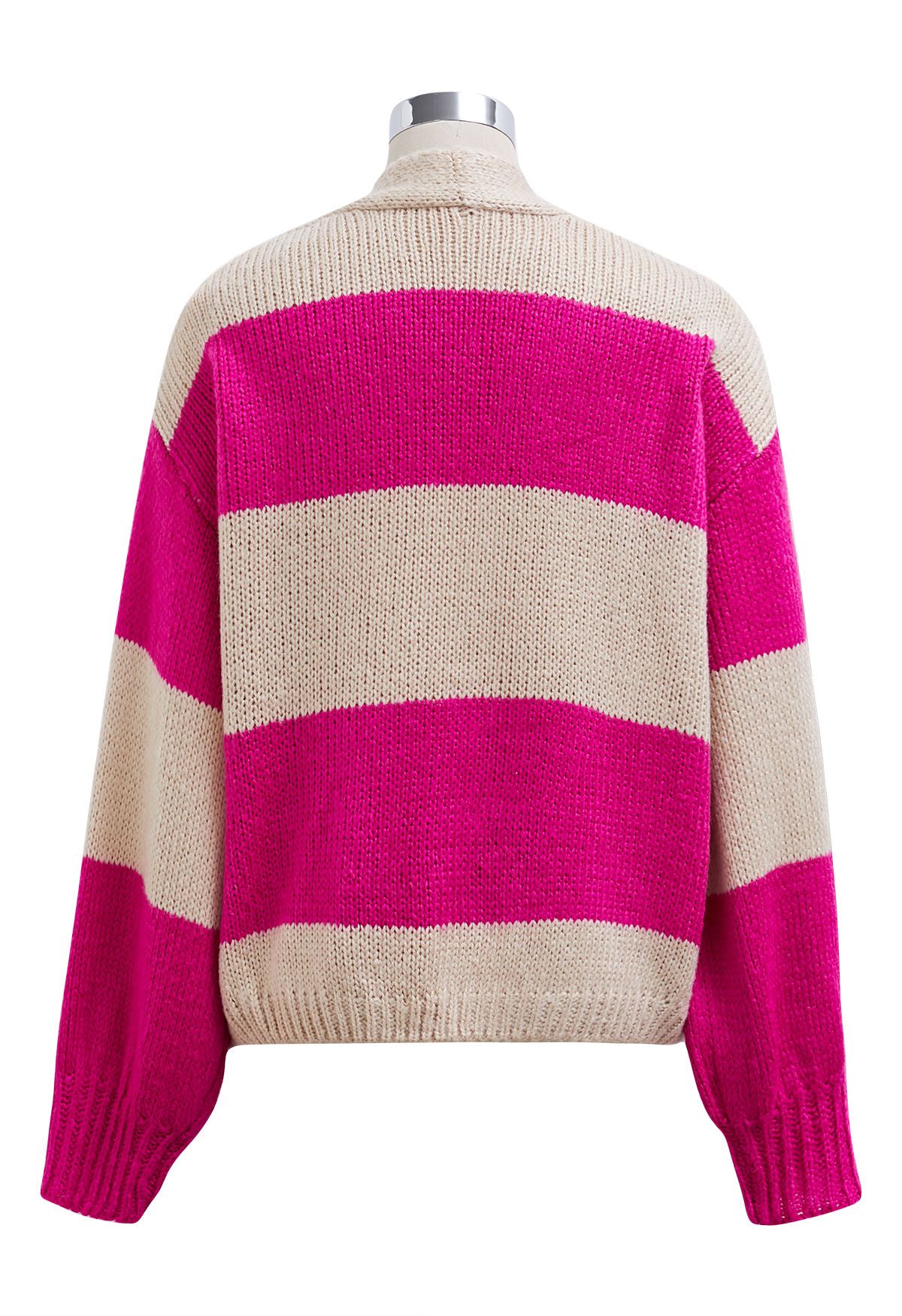 Cardigan en tricot rayé à blocs de couleurs ouvert sur le devant en rose vif