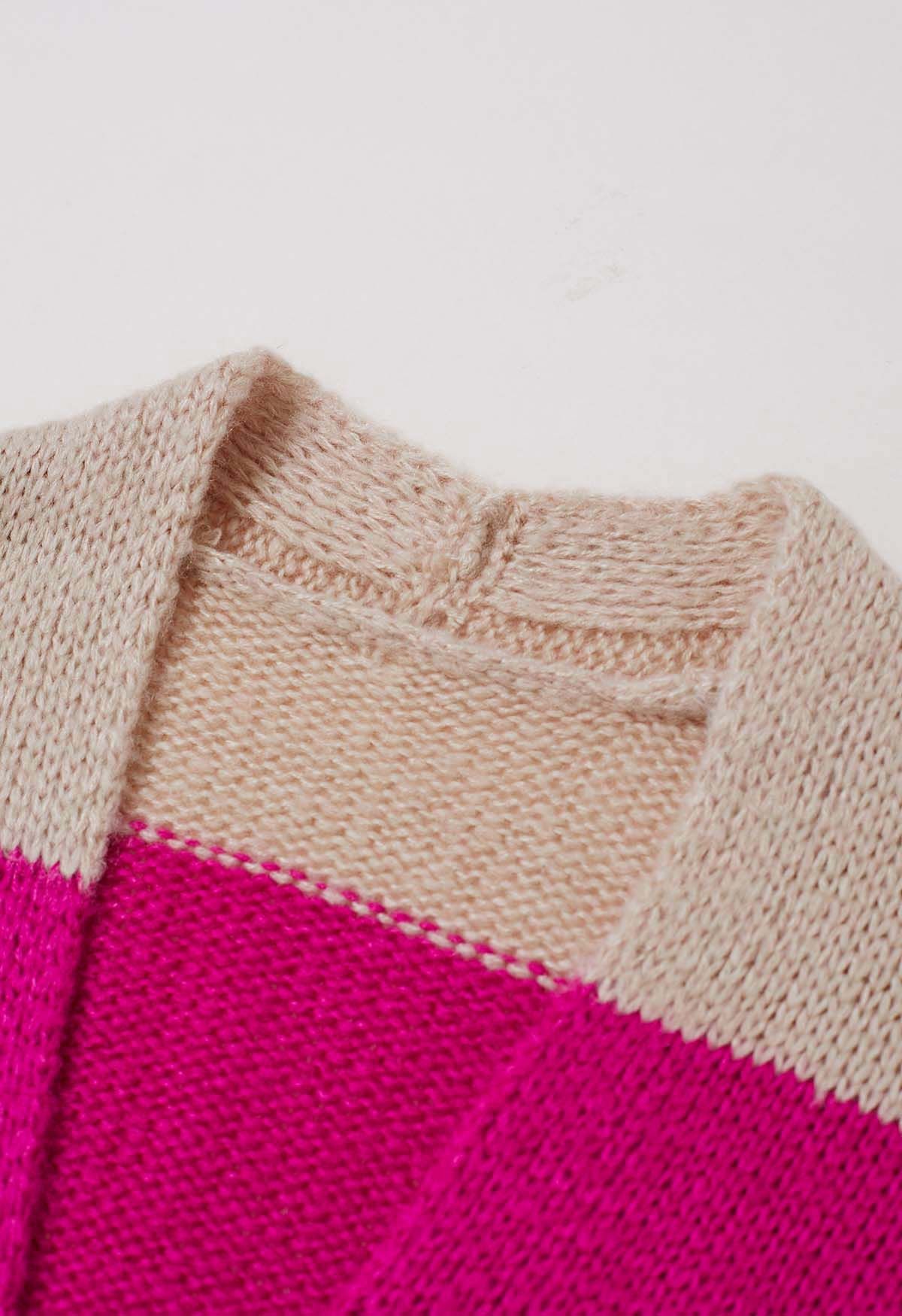 Cardigan en tricot rayé à blocs de couleurs ouvert sur le devant en rose vif