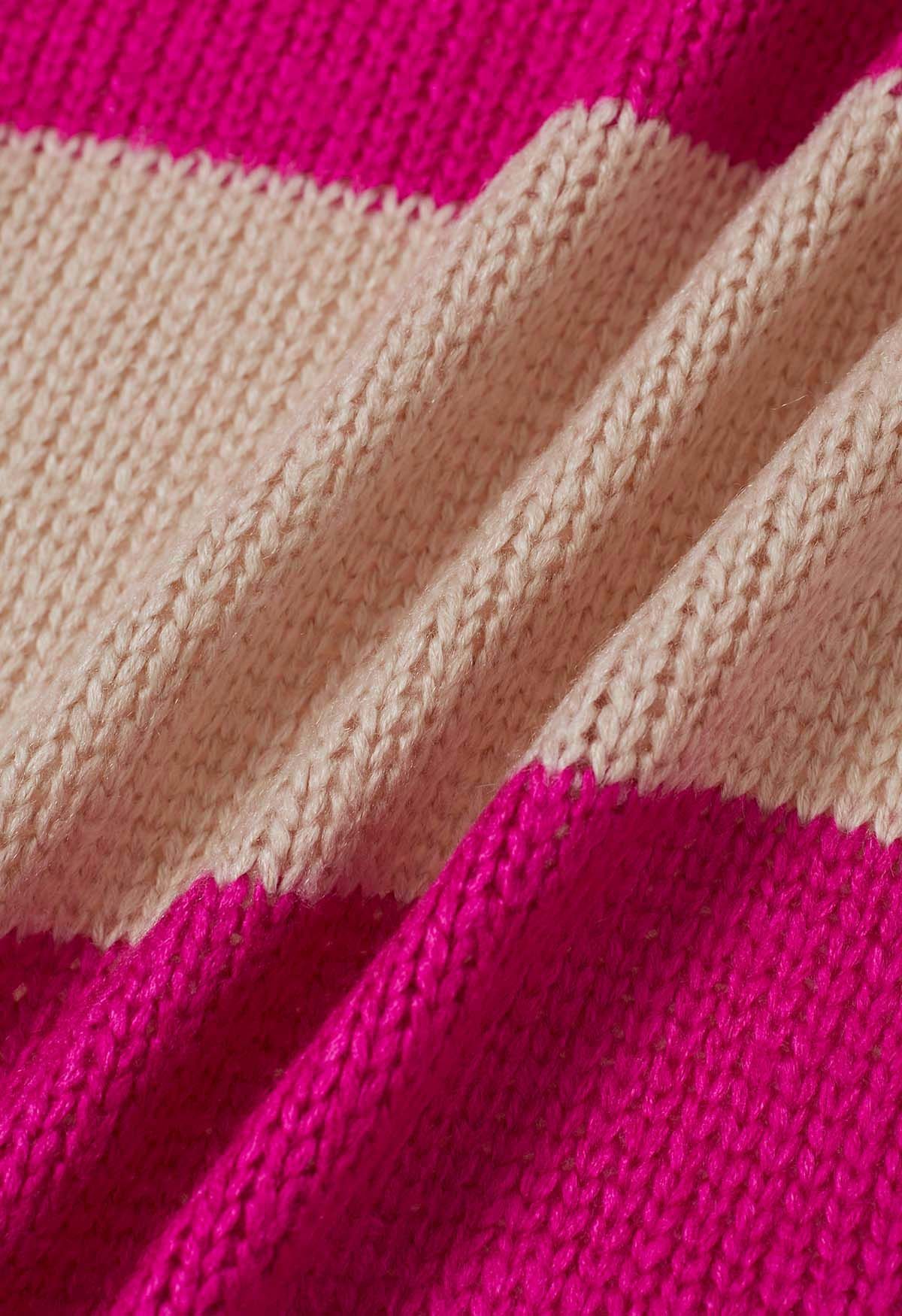 Cardigan en tricot rayé à blocs de couleurs ouvert sur le devant en rose vif