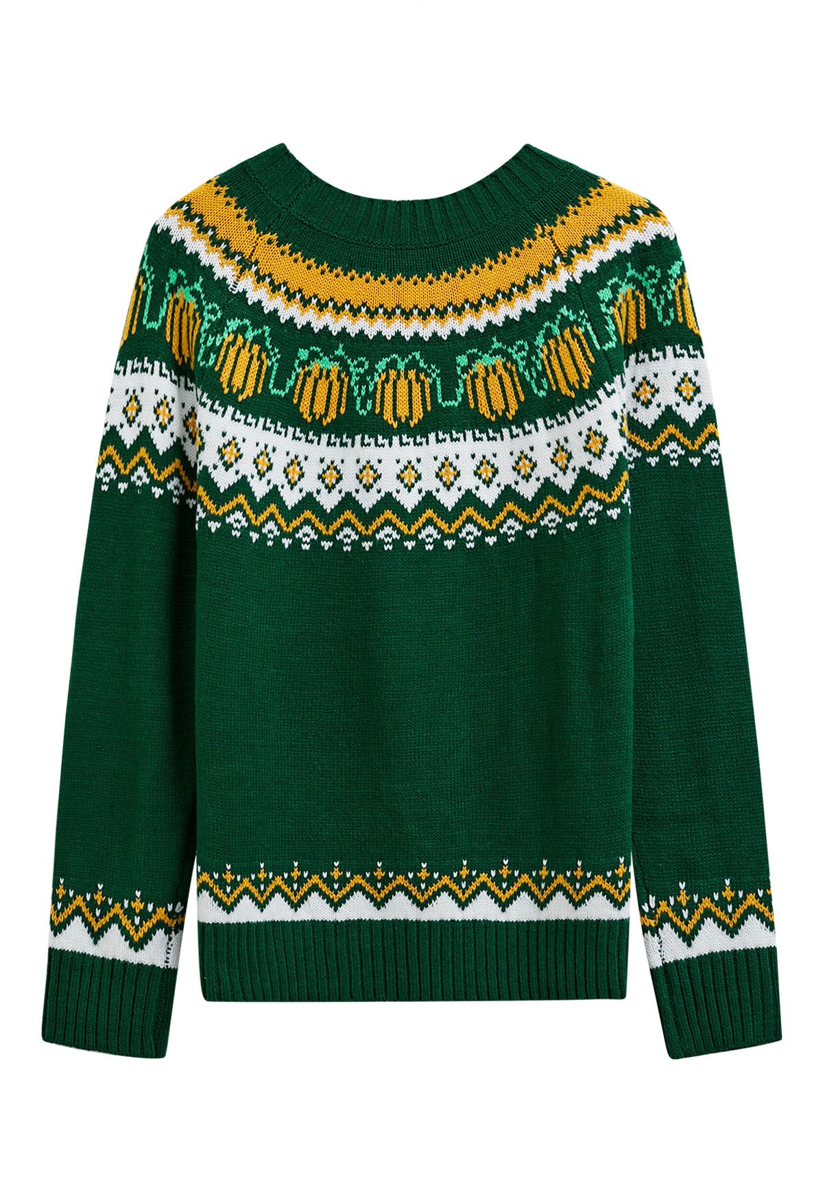 Pull en tricot à manches longues Pumpkin Delight en vert