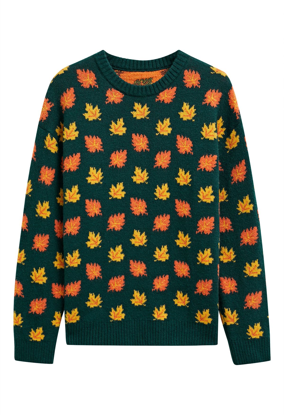 Pull surdimensionné en tricot à manches longues Maple Leaf en vert