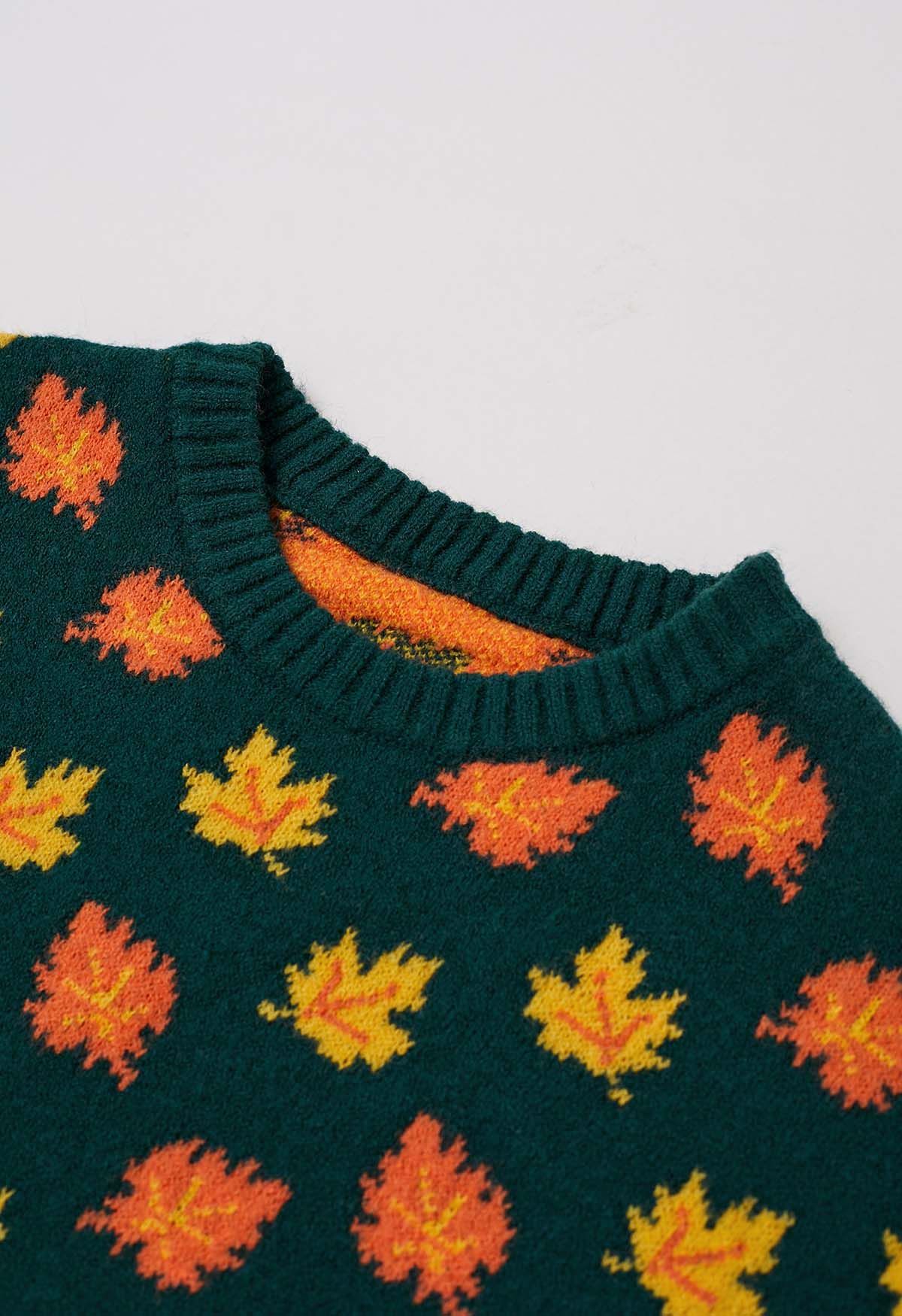 Pull surdimensionné en tricot à manches longues Maple Leaf en vert