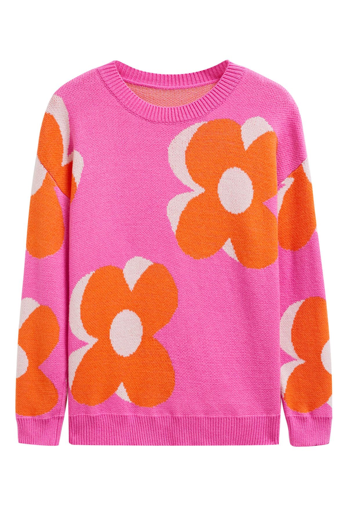 Pull en tricot jacquard Flowering Day en rose vif