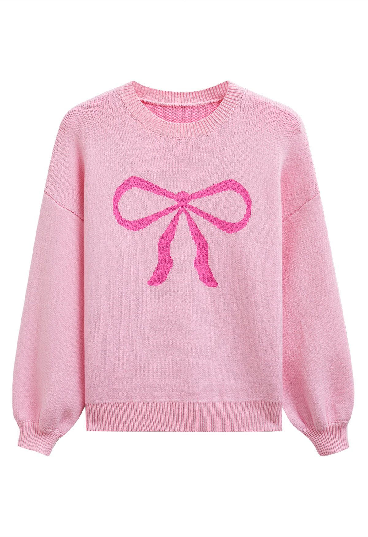 Pull en tricot jacquard à motif ruban et nœud papillon en rose