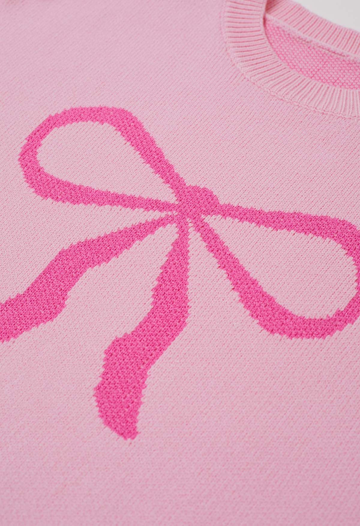 Pull en tricot jacquard à motif ruban et nœud papillon en rose