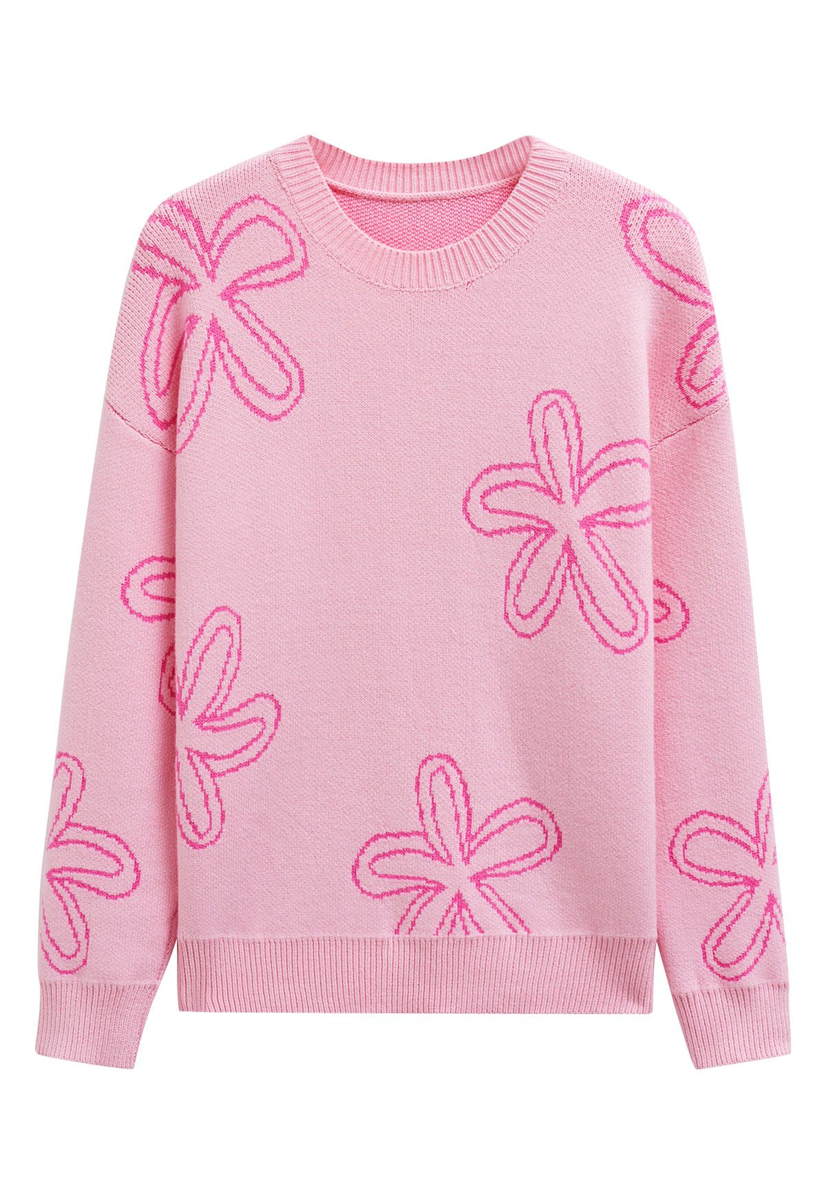 Pull en maille jacquard à motif floral en rose