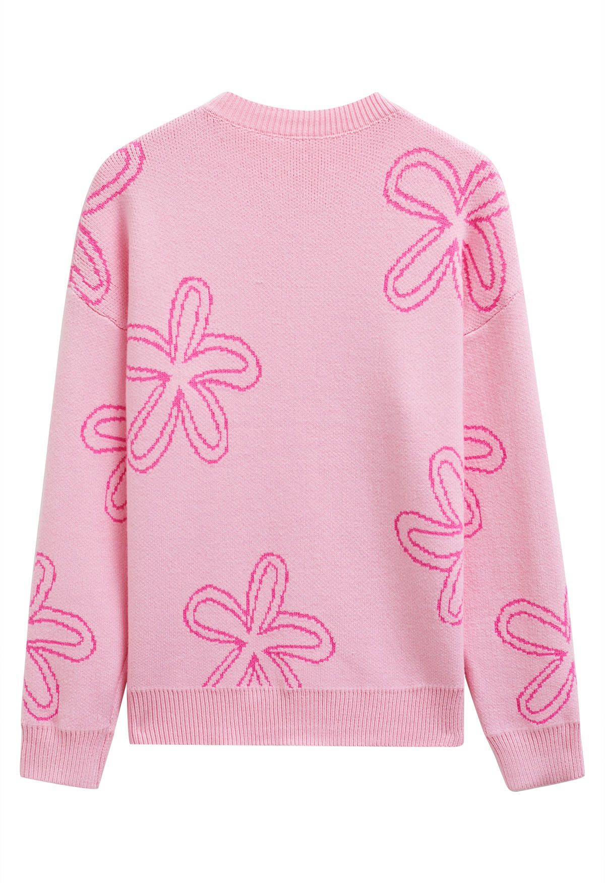 Pull en maille jacquard à motif floral en rose