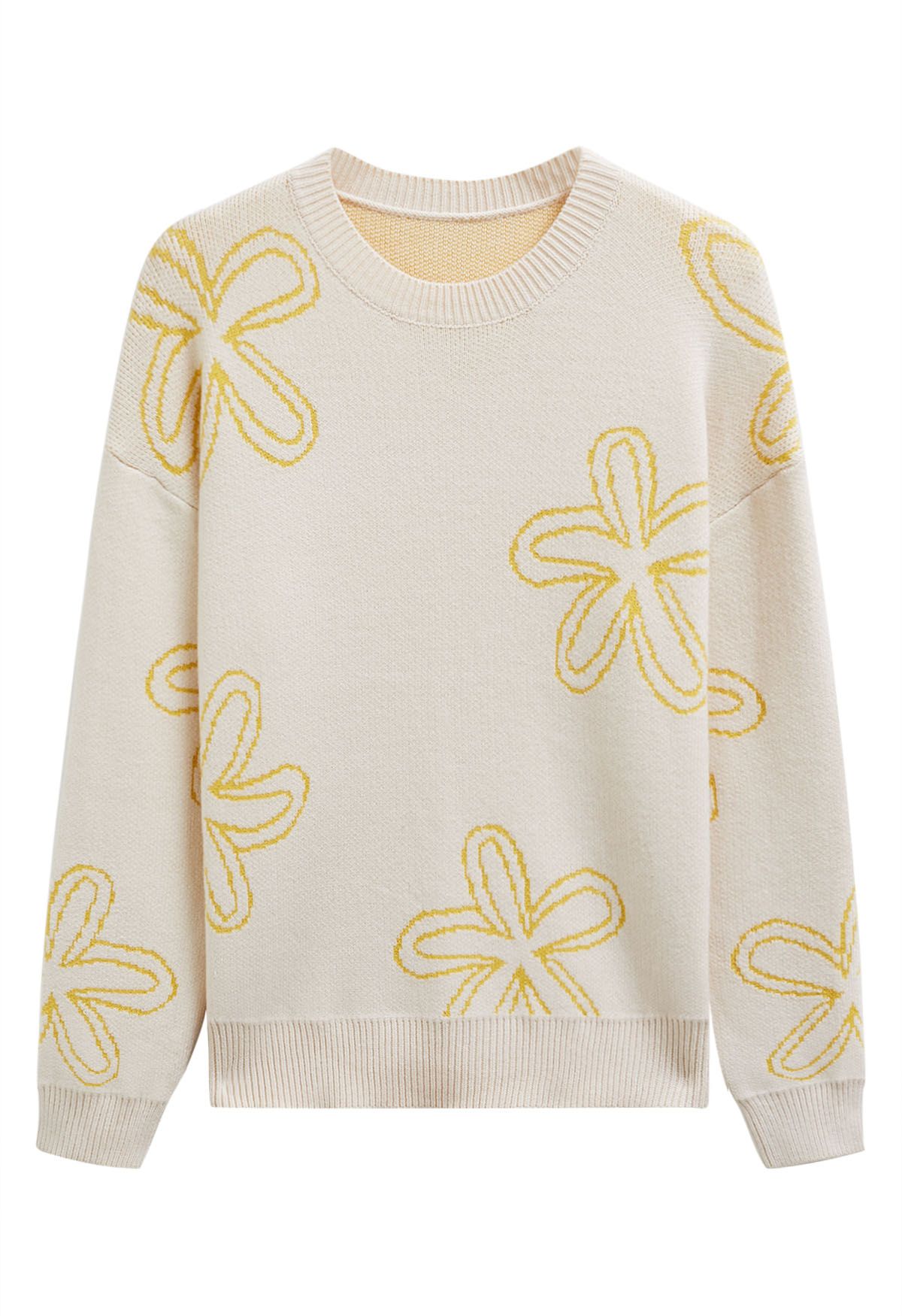 Pull en maille jacquard à motif floral en jaune clair