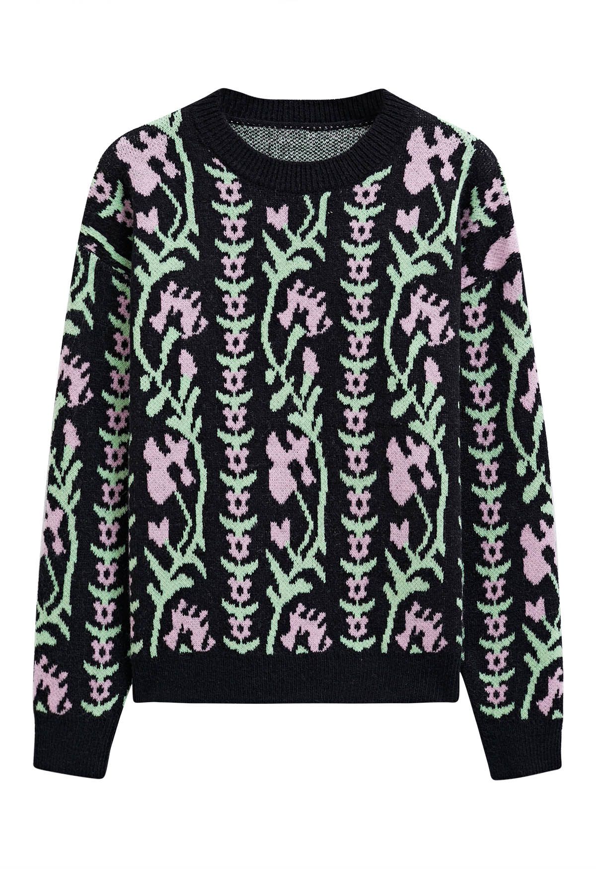 Pull en tricot jacquard à branches florales en noir