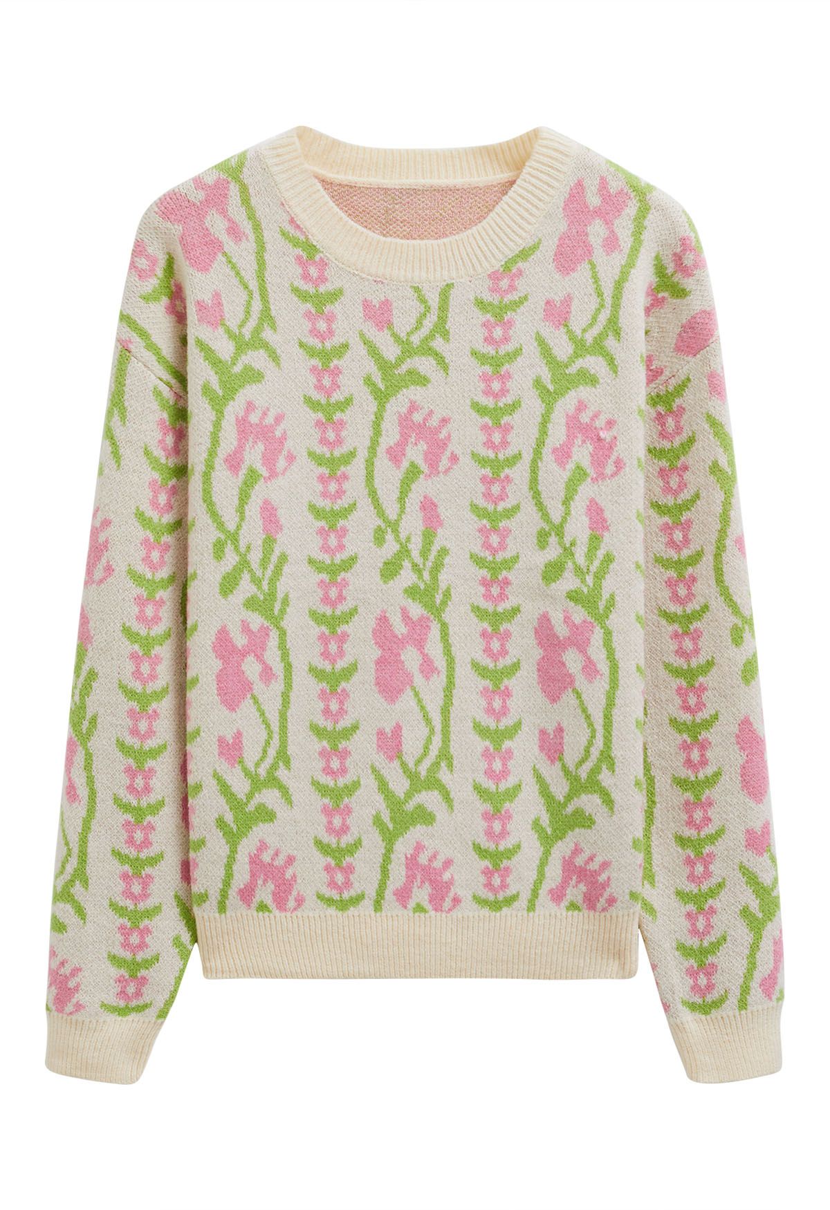 Pull en tricot jacquard à branches florales en crème