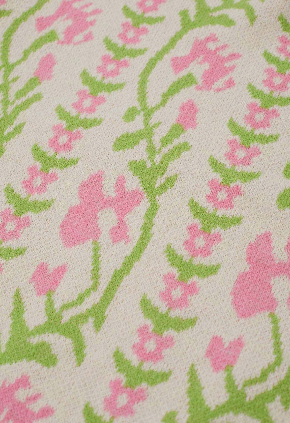 Pull en tricot jacquard à branches florales en crème