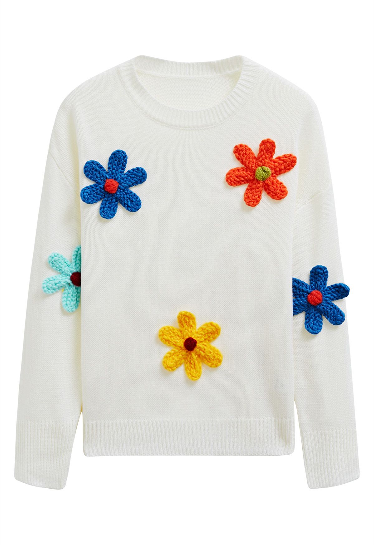 Pull coloré en tricot à fleurs avec points 3D en blanc