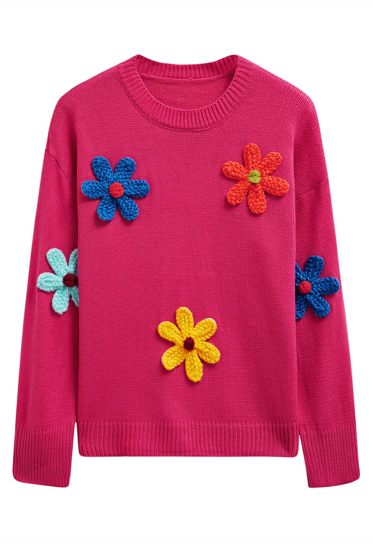 Pull coloré en tricot à fleurs en point 3D en rose vif