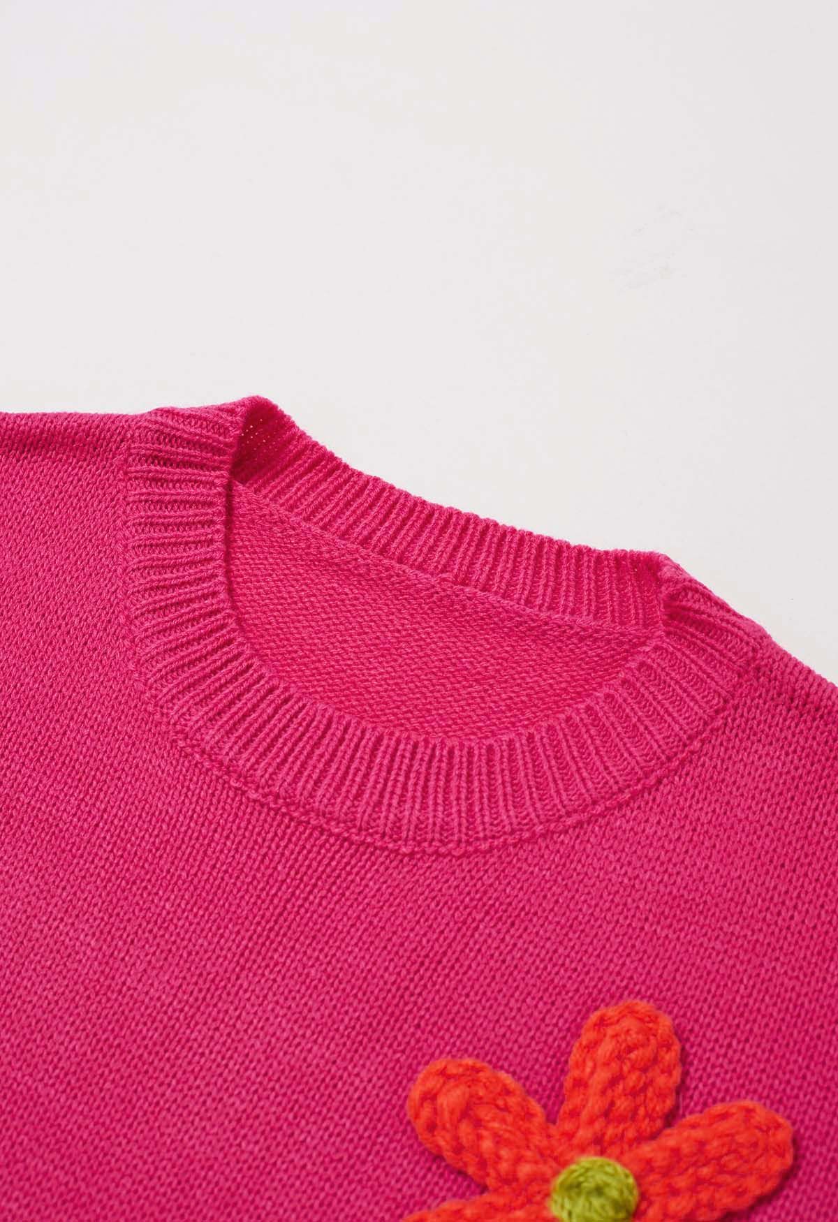 Pull coloré en tricot à fleurs en point 3D en rose vif