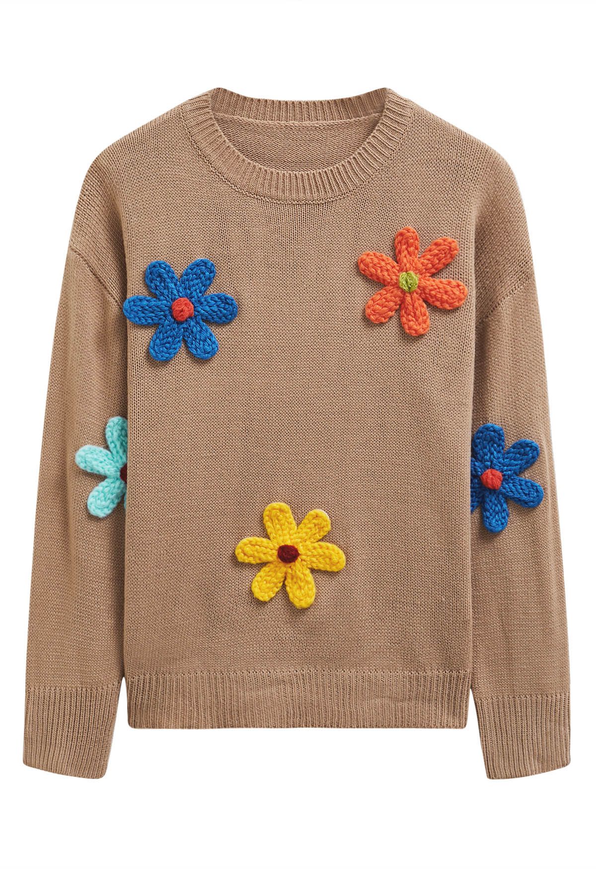 Pull coloré en tricot à fleurs en point 3D en beige