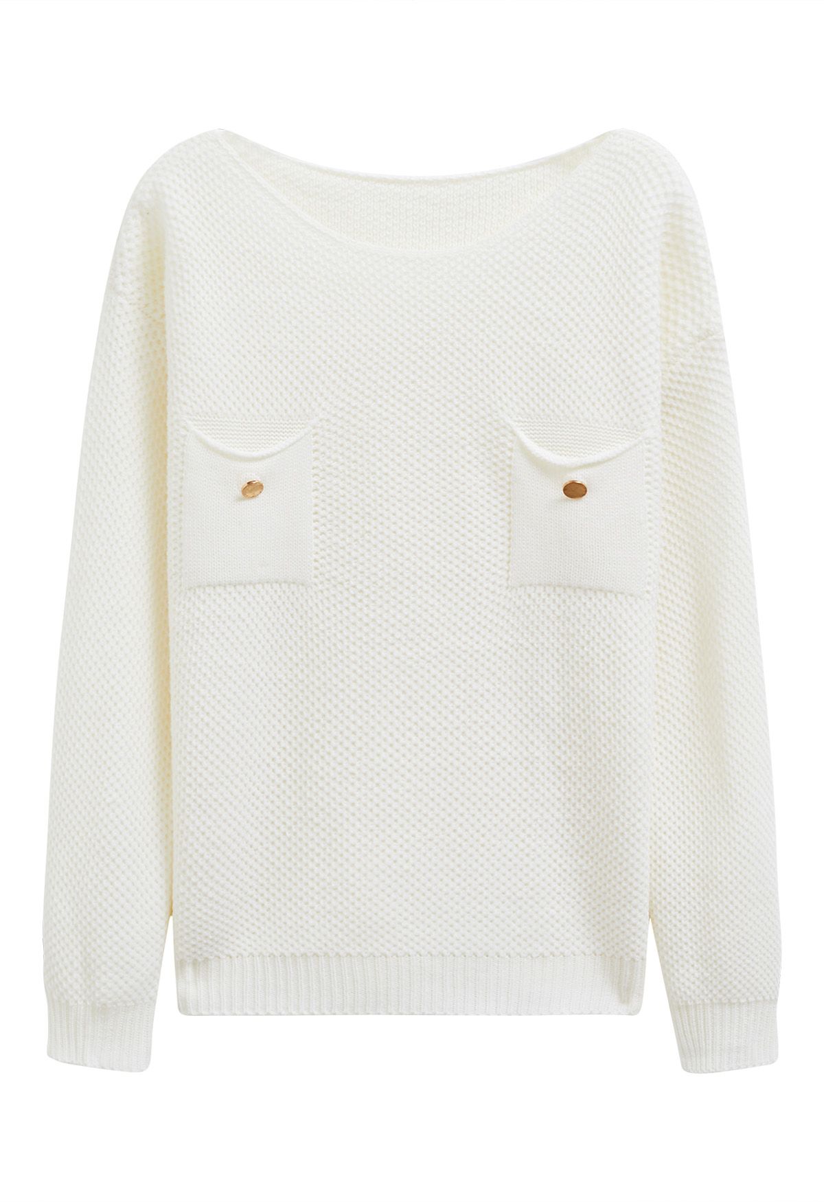 Pull en tricot gaufré boutonné avec poche plaquée en blanc