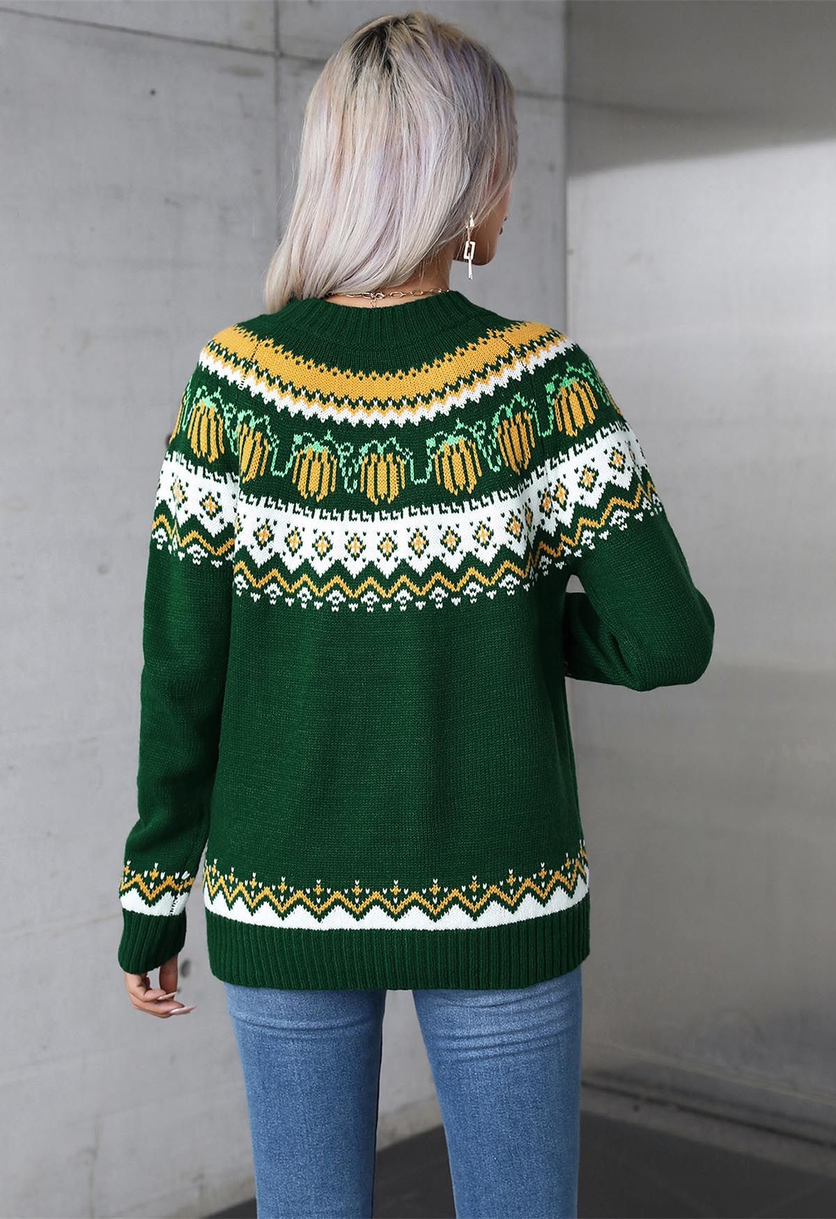 Pull en tricot à manches longues Pumpkin Delight en vert