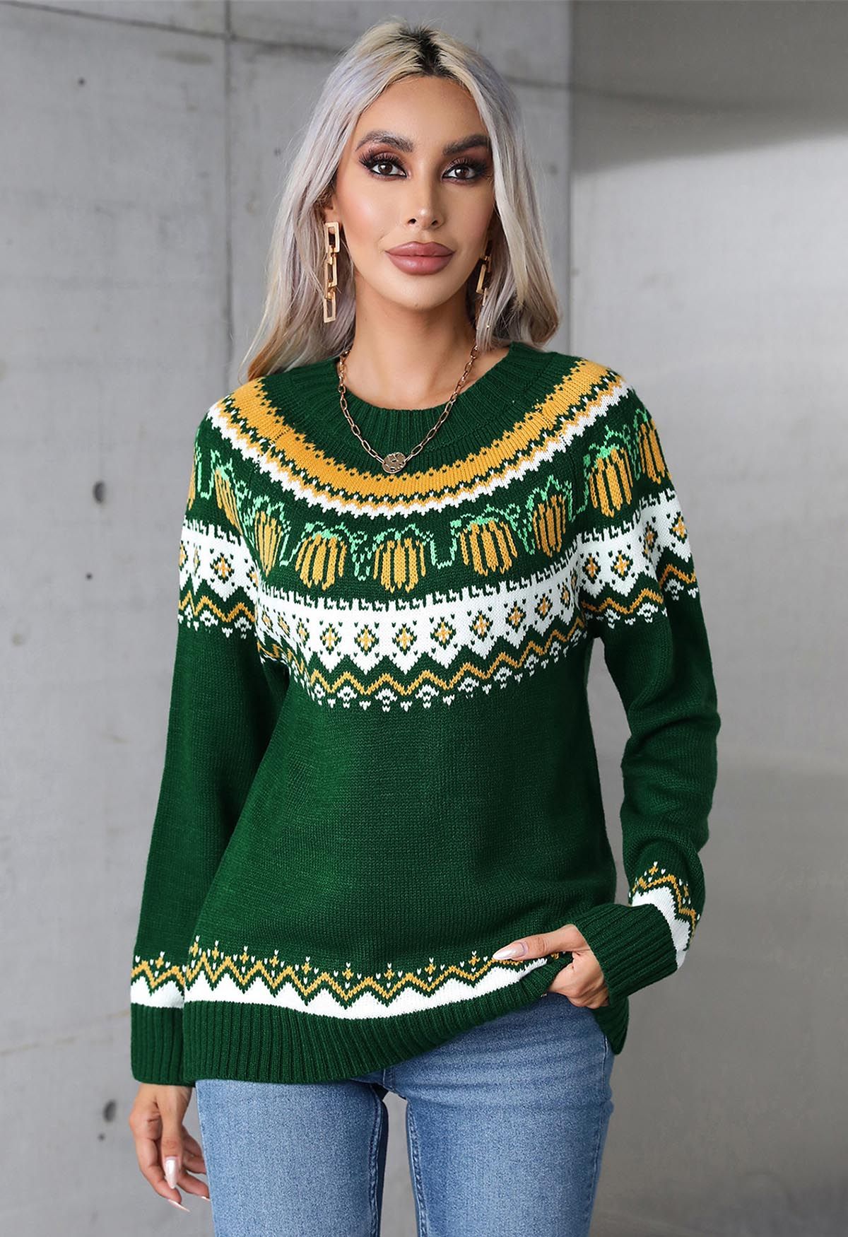 Pull en tricot à manches longues Pumpkin Delight en vert