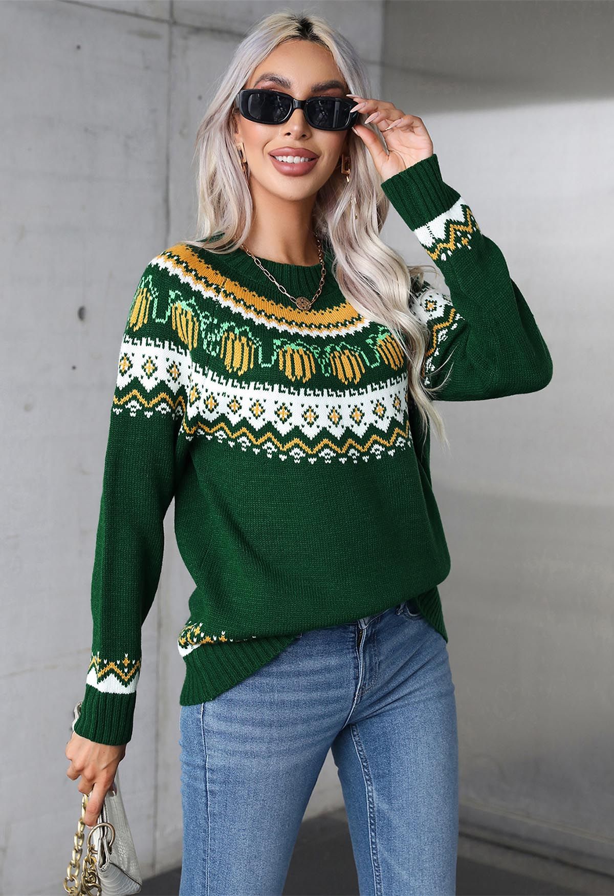 Pull en tricot à manches longues Pumpkin Delight en vert