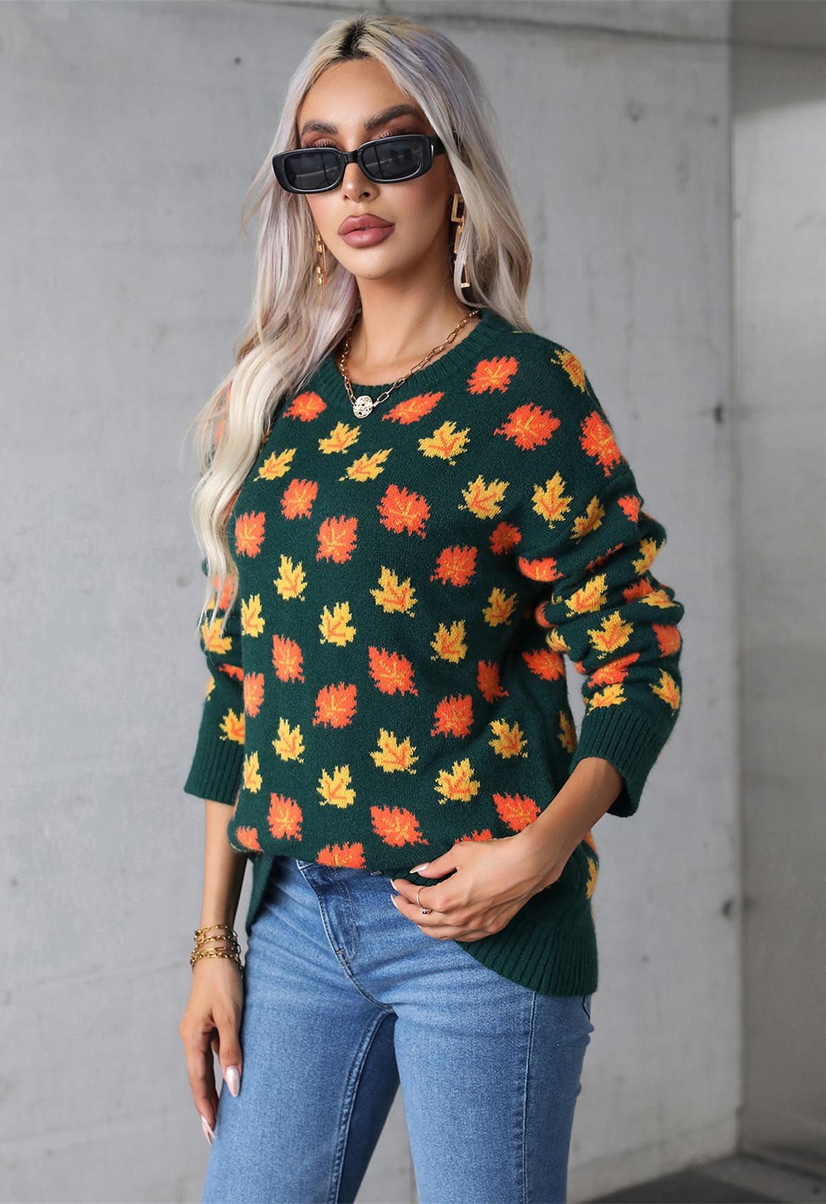 Pull surdimensionné en tricot à manches longues Maple Leaf en vert