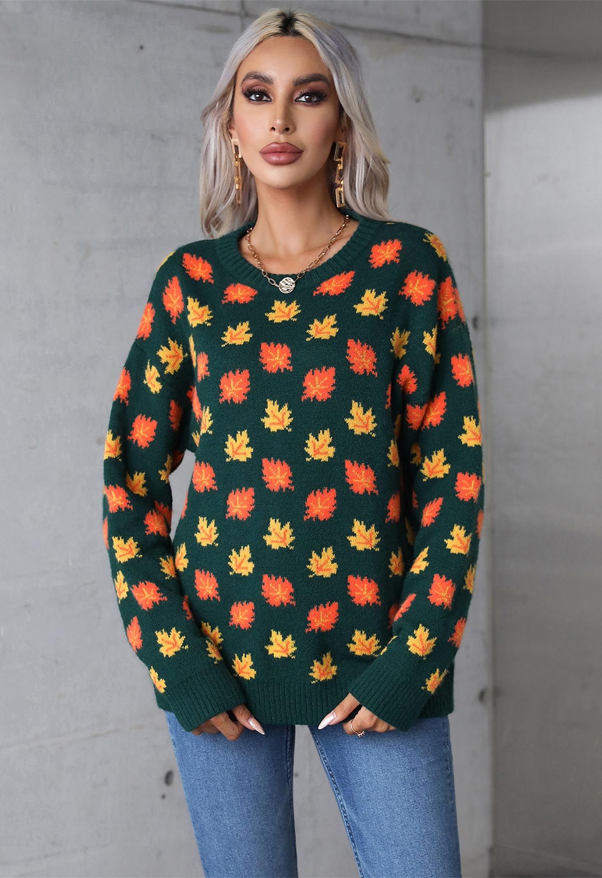 Pull surdimensionné en tricot à manches longues Maple Leaf en vert