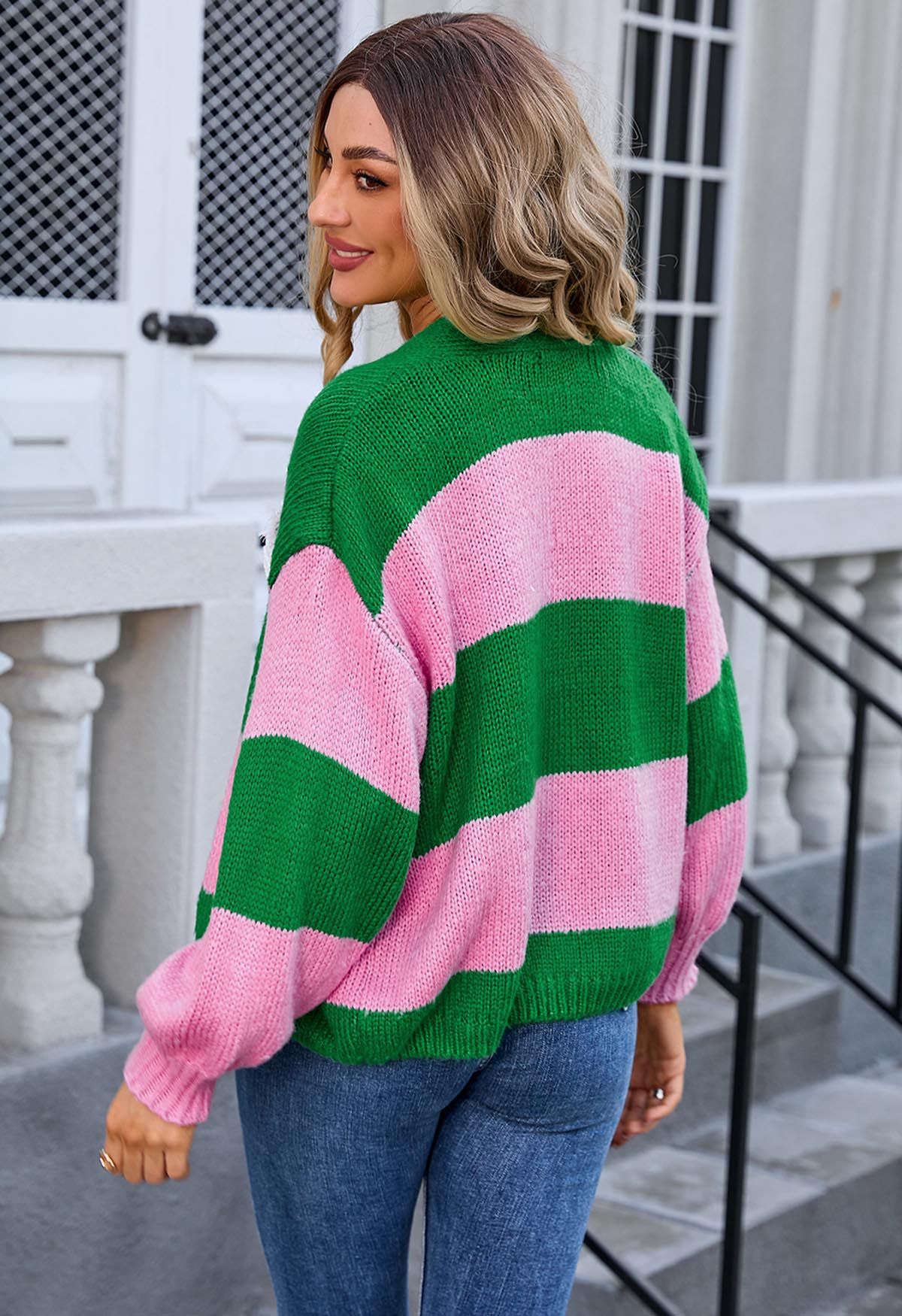 Cardigan en tricot rayé à blocs de couleurs ouvert sur le devant en vert