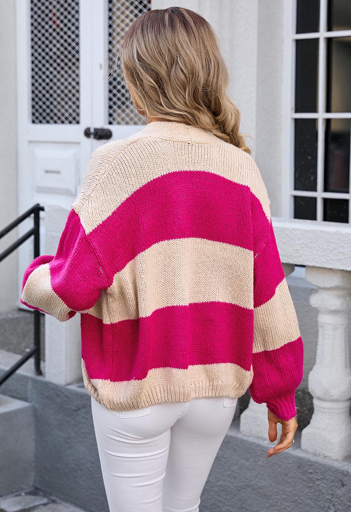 Cardigan en tricot rayé à blocs de couleurs ouvert sur le devant en rose vif