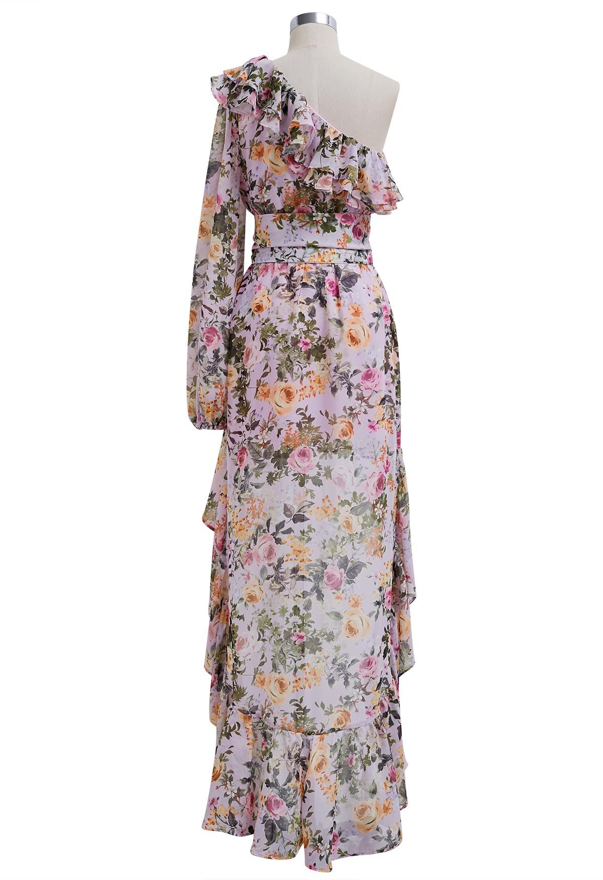 Robe longue Hi-Lo fleurie à une épaule et à volants