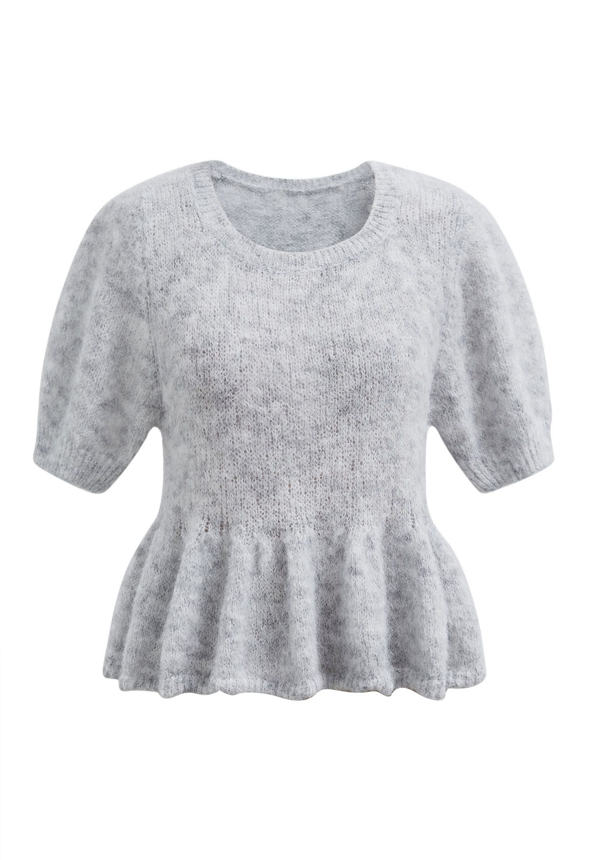 Haut en tricot pelucheux à motif péplum évasé en gris