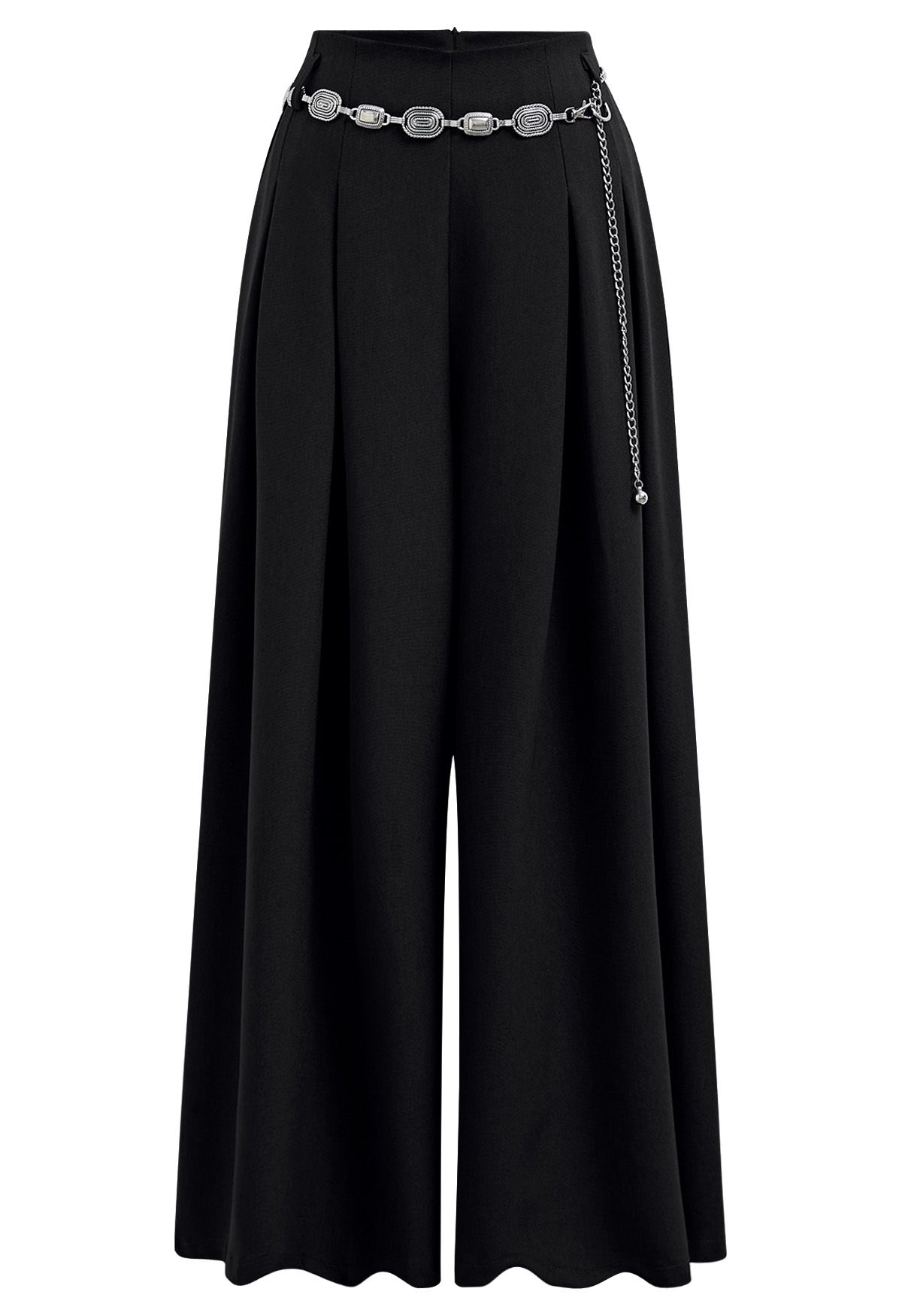 Pantalon Palazzo plissé orné de chaînes en noir