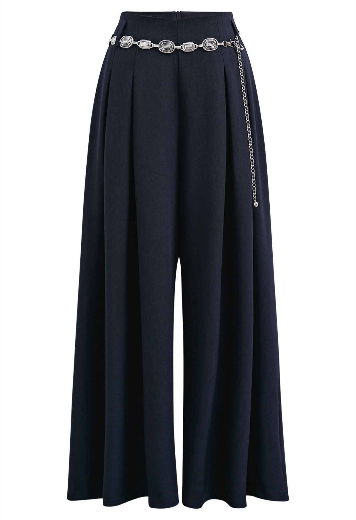 Pantalon Palazzo plissé orné de chaînes bleu marine