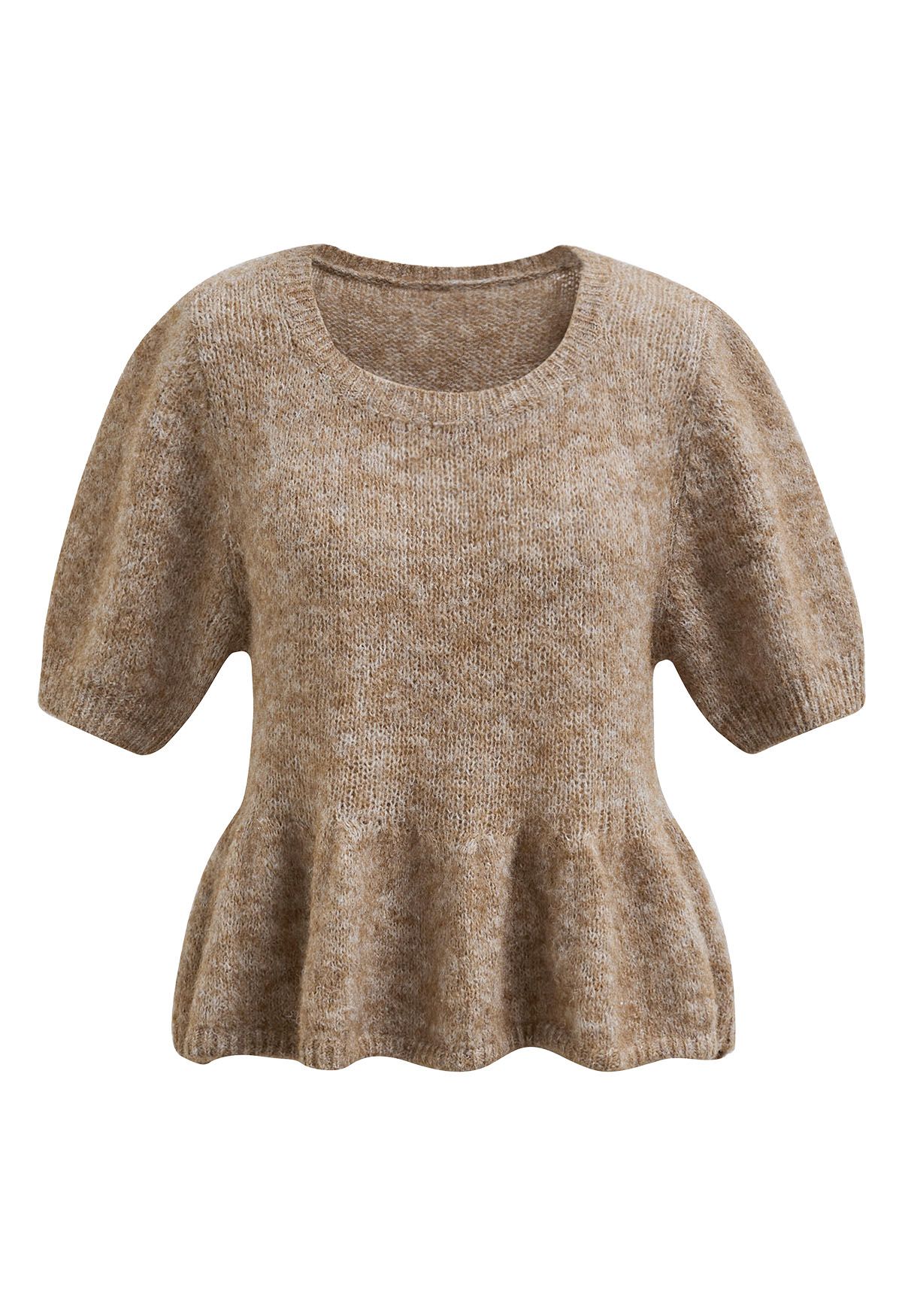 Haut en tricot pelucheux à motif péplum Flair en beige