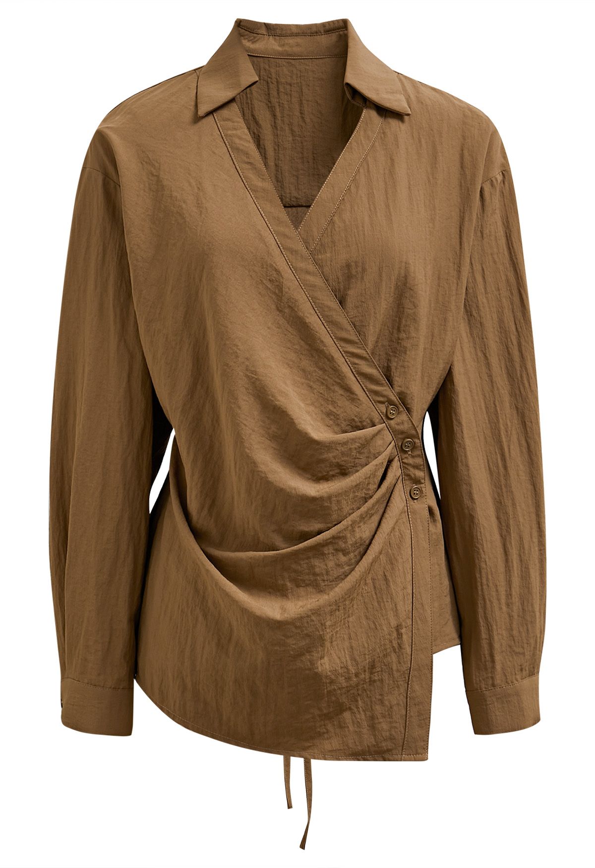 Chemise portefeuille boutonnée à col et plis latéraux en caramel