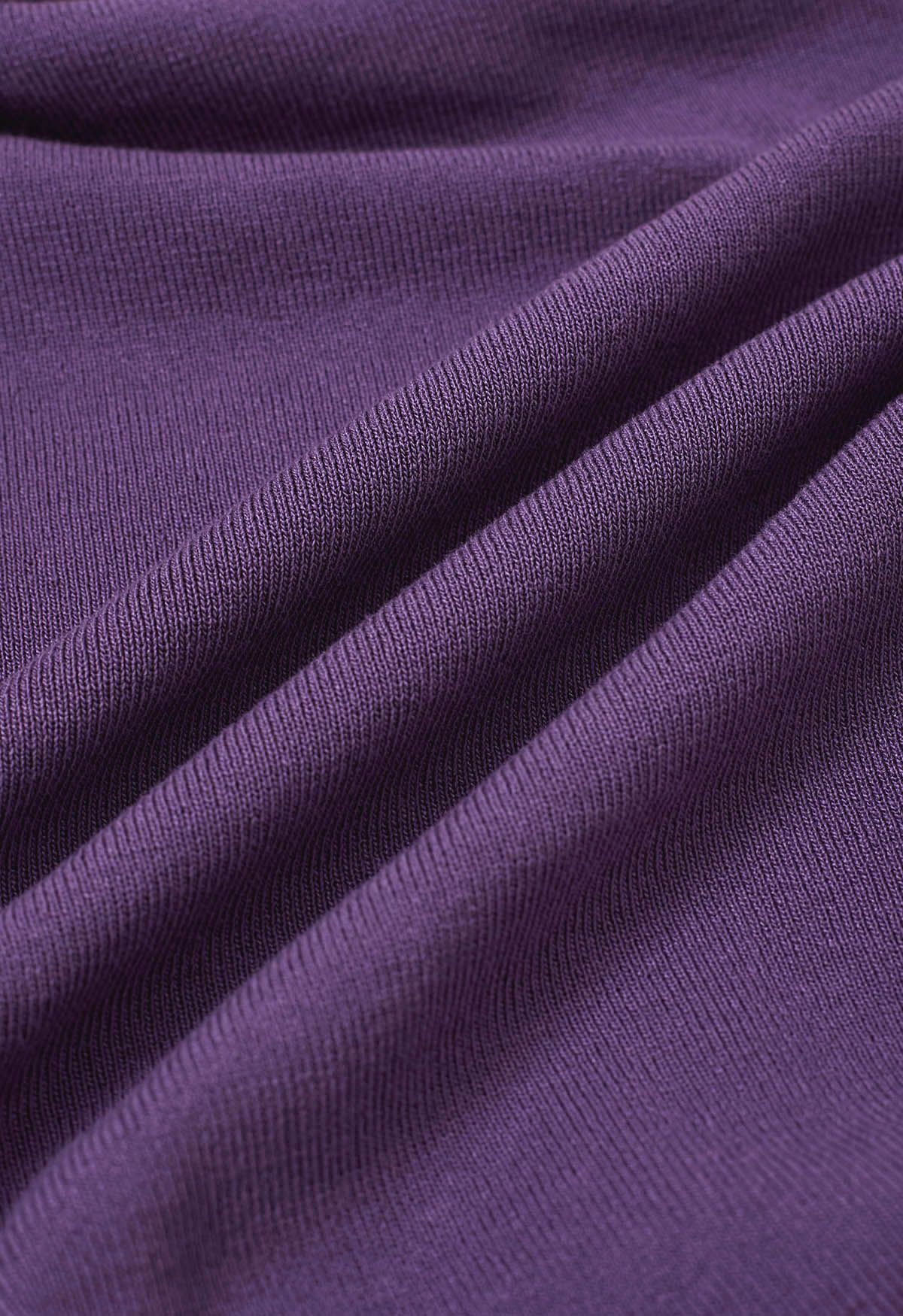 Haut en tricot à manches longues froncées avec nœud latéral en violet