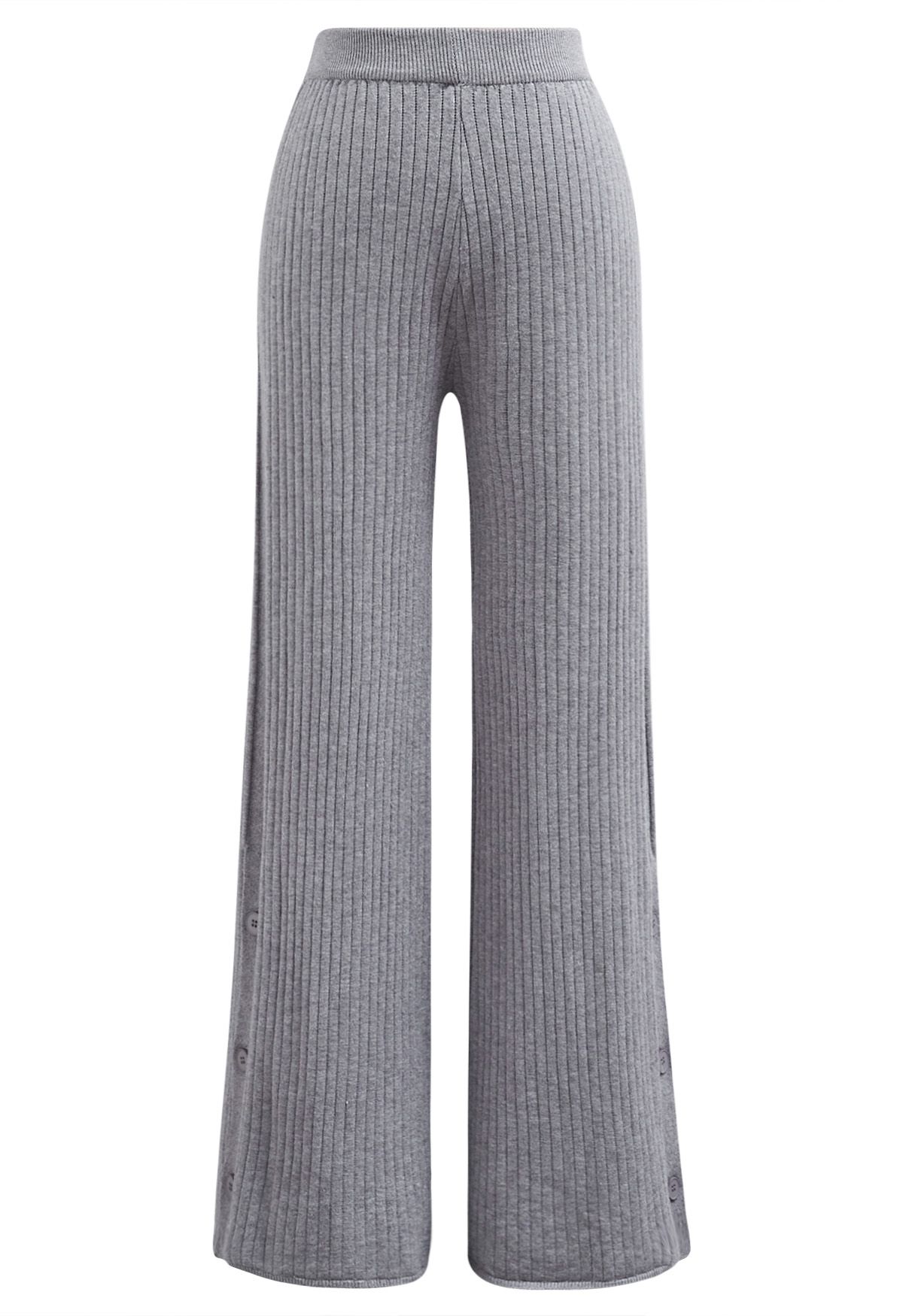 Pantalon en tricot côtelé à ourlet boutonné en gris