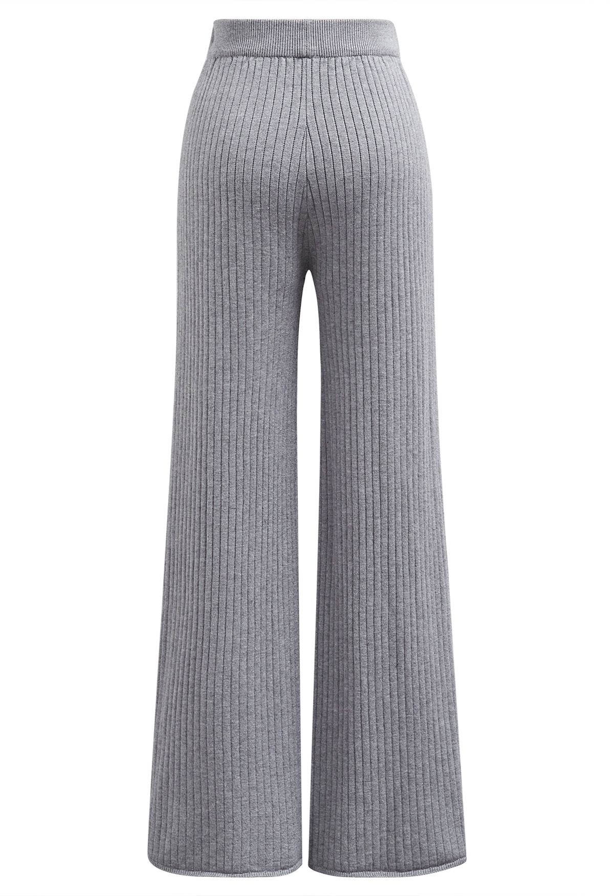 Pantalon en tricot côtelé à ourlet boutonné en gris