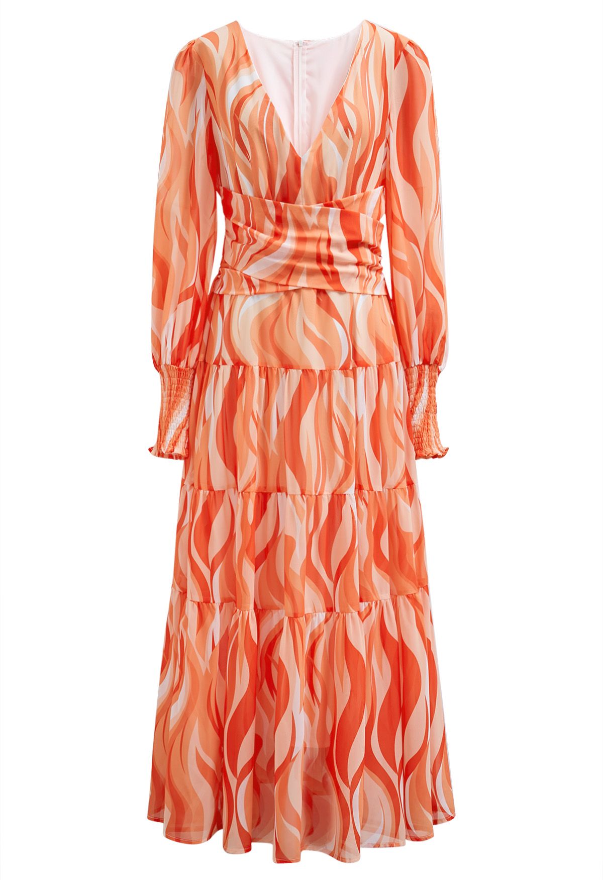 Robe longue en mousseline de soie à taille croisée et vagues orange