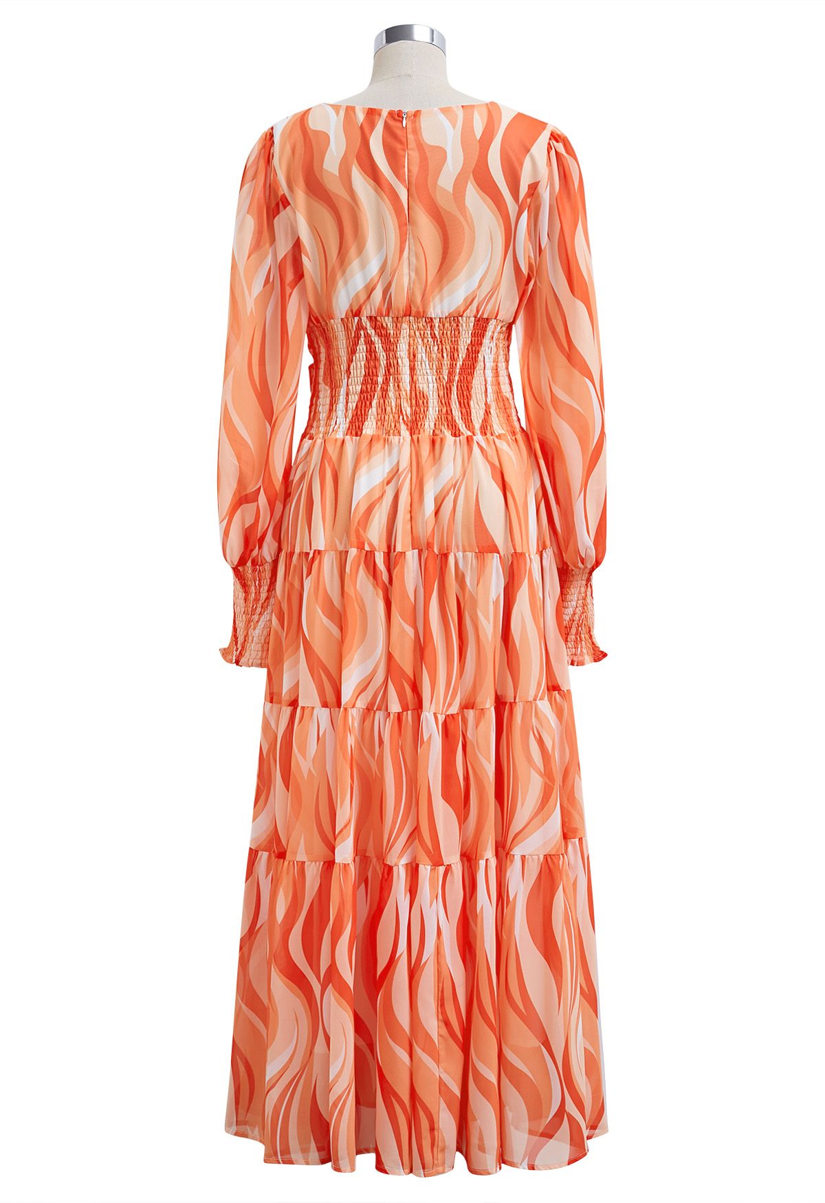 Robe longue en mousseline de soie à taille croisée et vagues orange