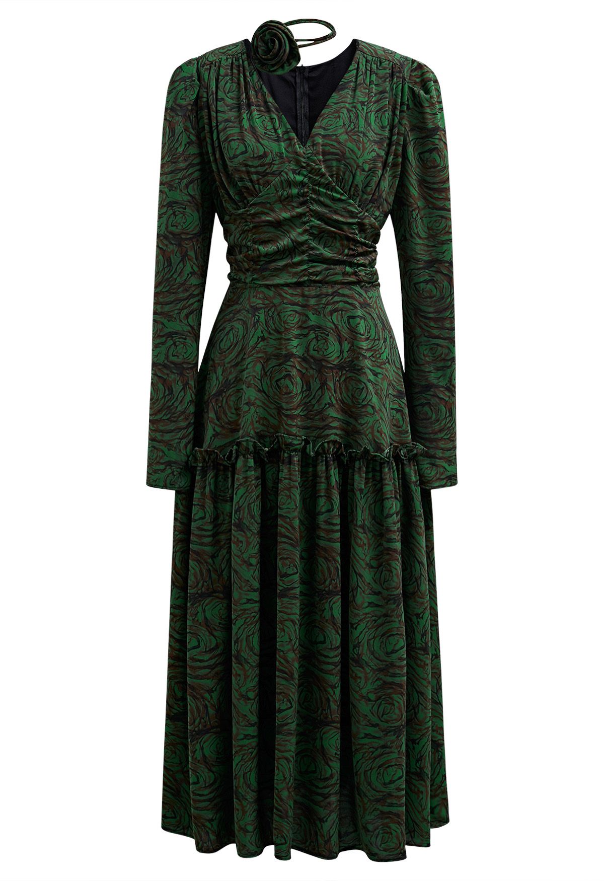 Robe mi-longue froncée à col en V et ras du cou de couleur vert foncé