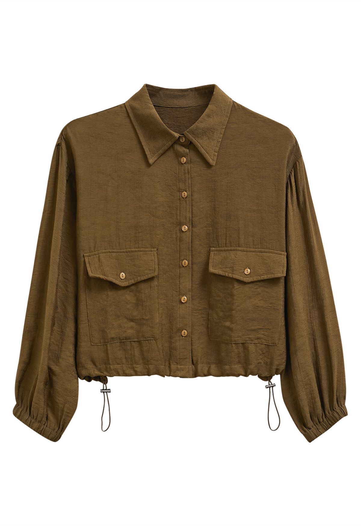 Chemise boutonnée à col et cordon de serrage en marron