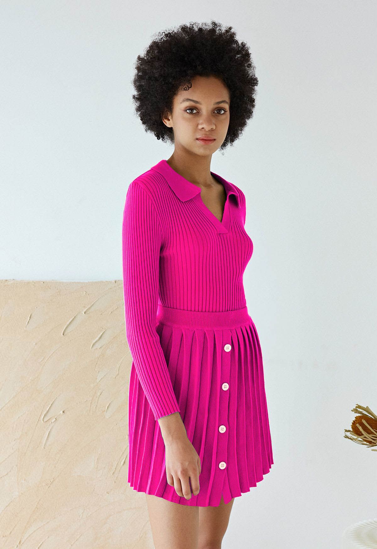 Ensemble haut en tricot à col en V et jupe plissée en rose vif