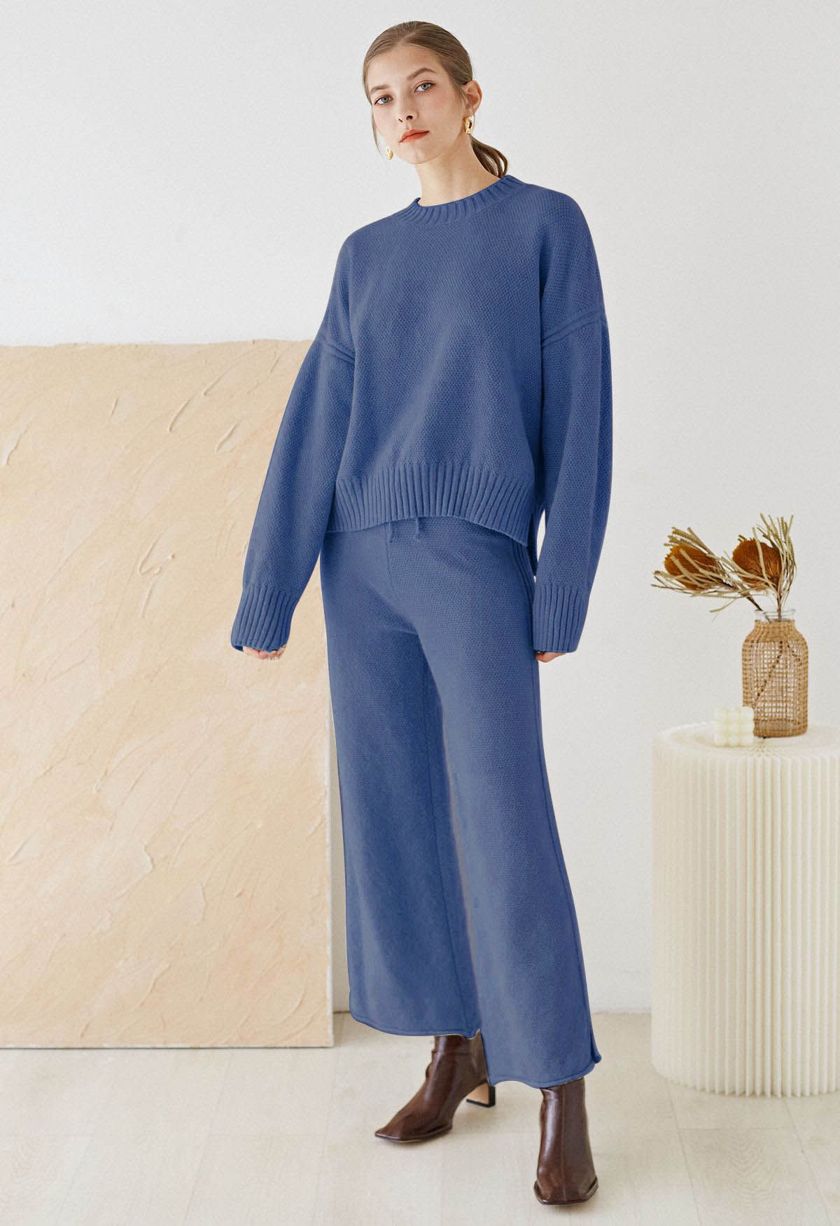 Ensemble chandail Hi-Lo en tricot gaufré et pantalon large en bleu