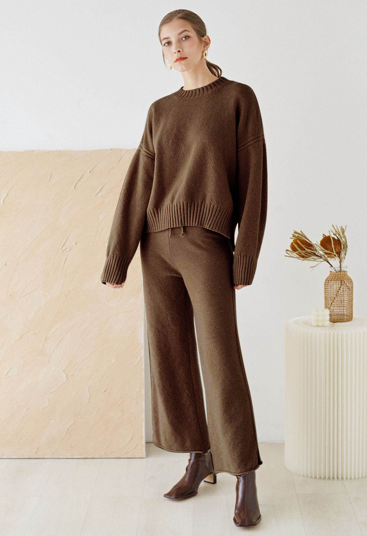 Ensemble chandail Hi-Lo en tricot gaufré et pantalon large en marron