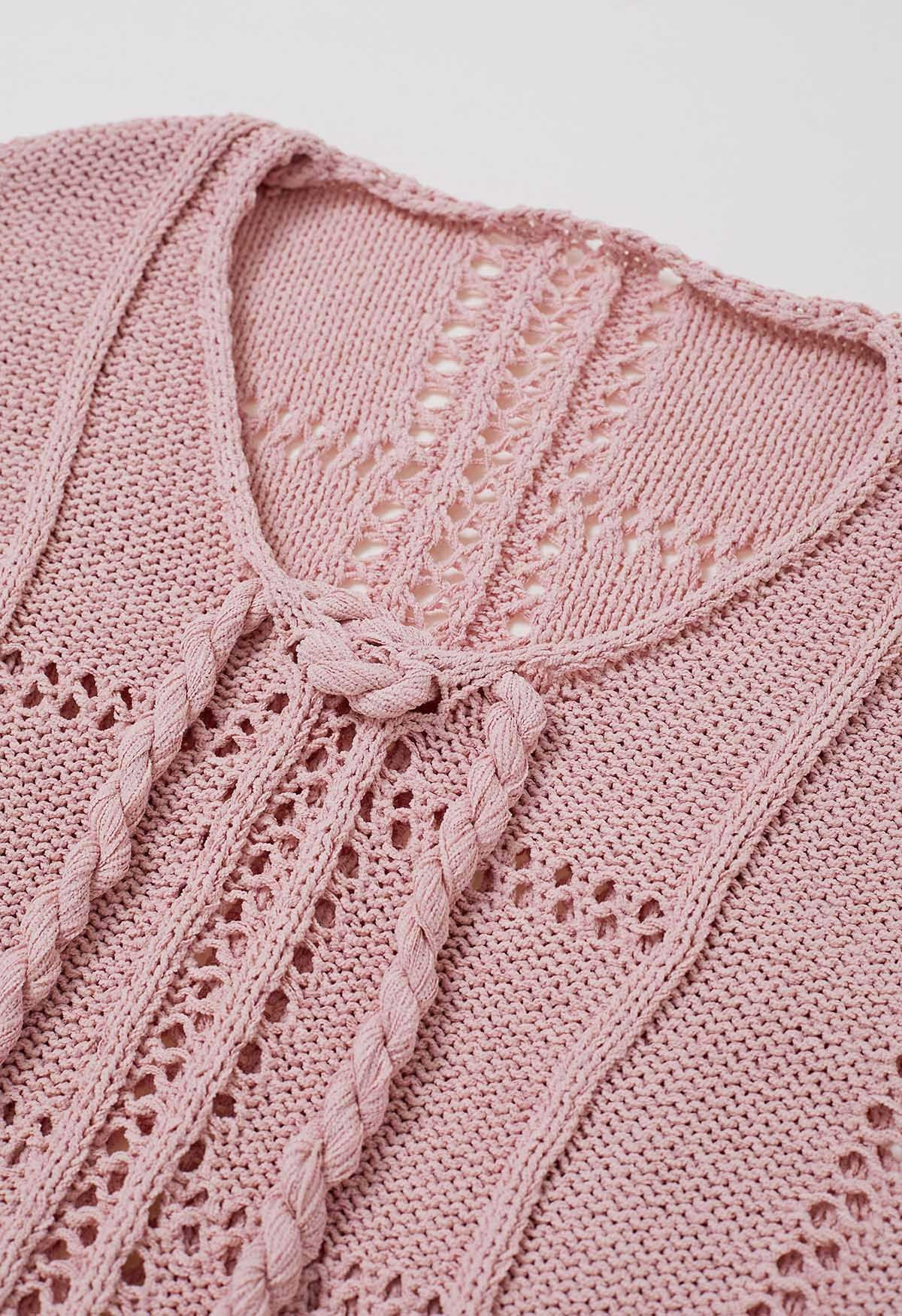 Haut en tricot à col noué ajouré en rose