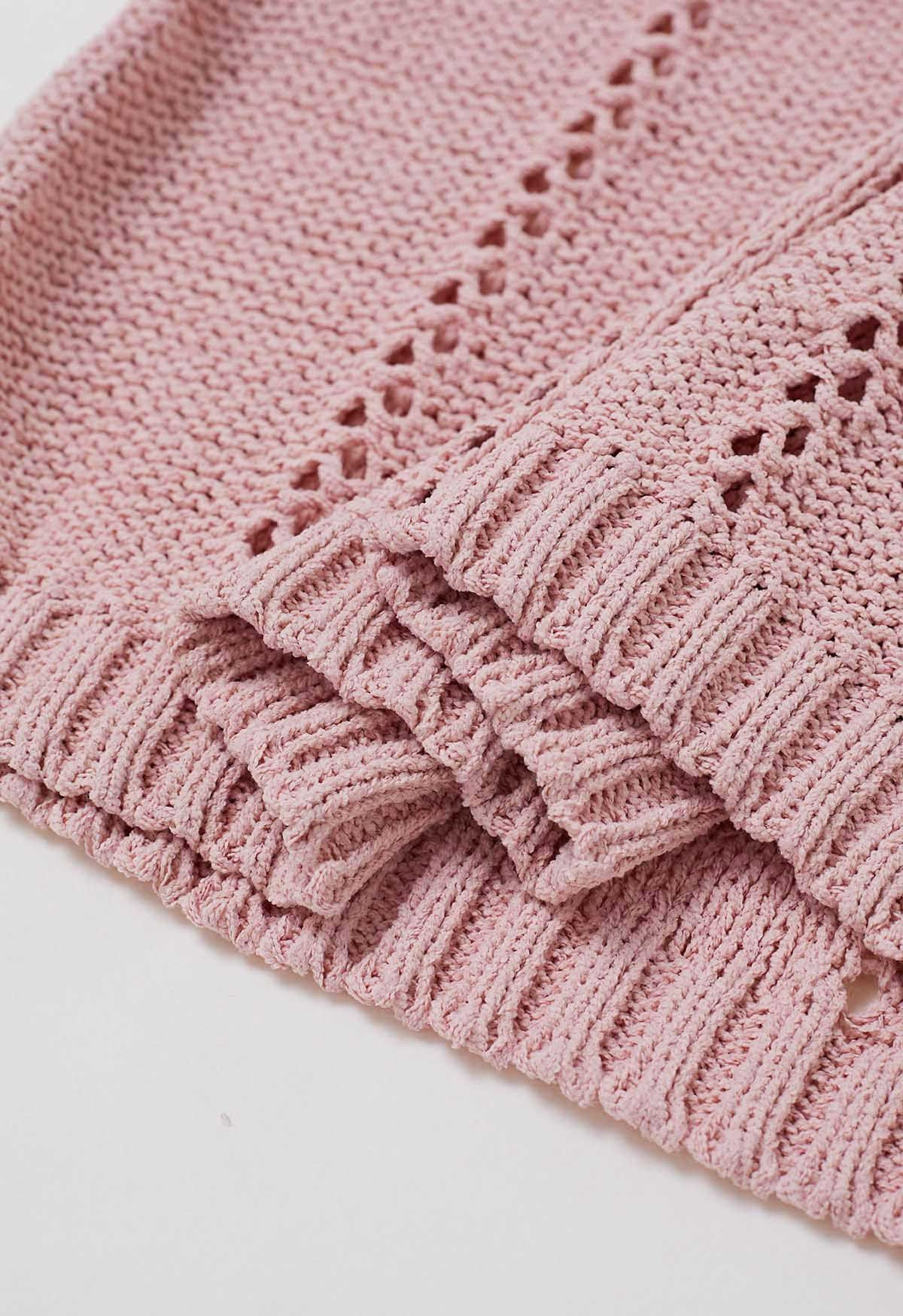 Haut en tricot à col noué ajouré en rose