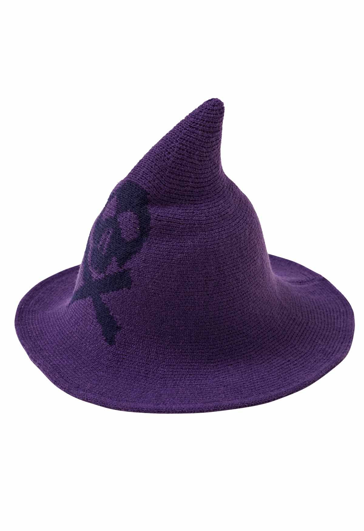 Chapeau de sorcière en laine mélangée à motif de crâne en violet