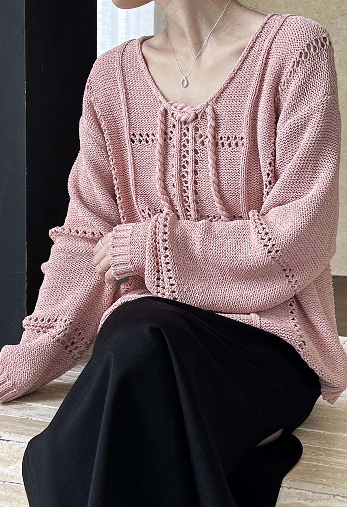 Haut en tricot à col noué ajouré en rose