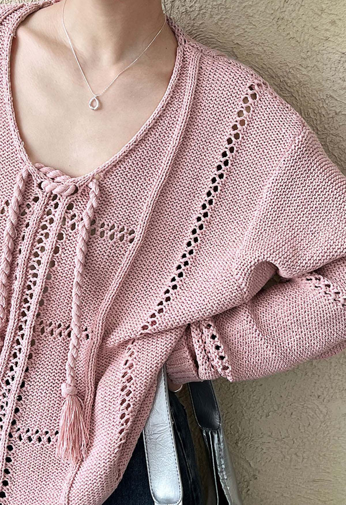 Haut en tricot à col noué ajouré en rose