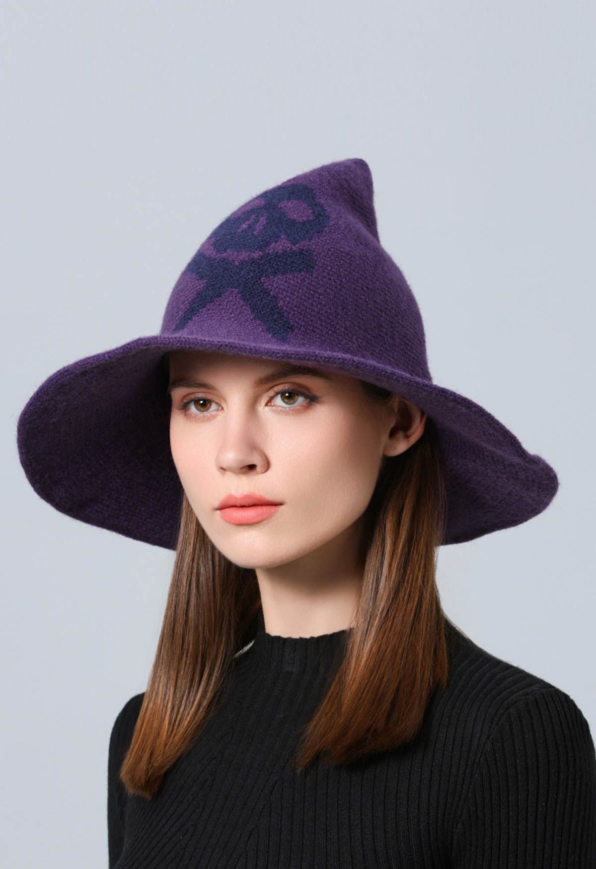 Chapeau de sorcière en laine mélangée à motif de crâne en violet